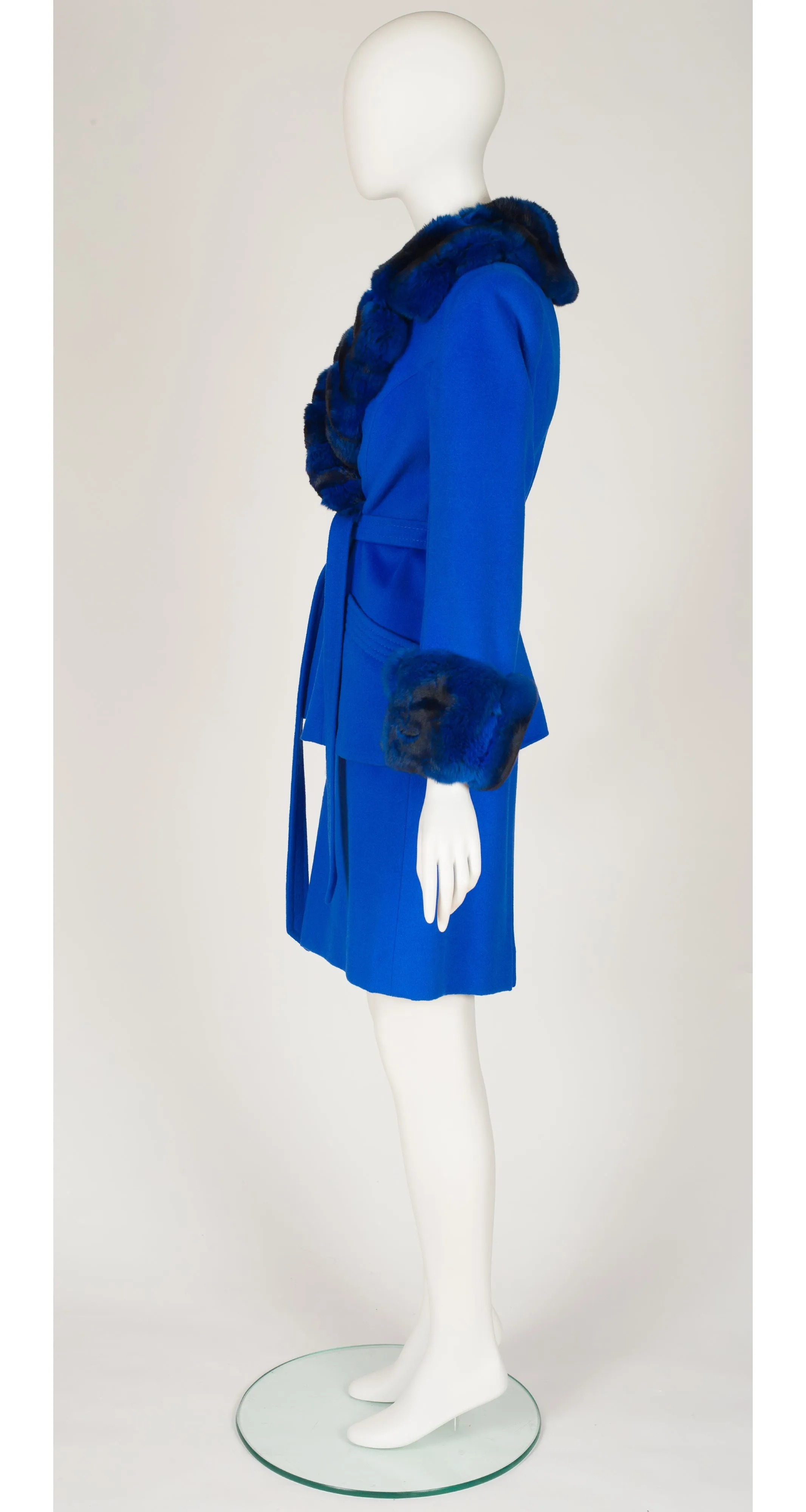 1990s Blue Cashmere Chinchilla Fur Skirt Suit