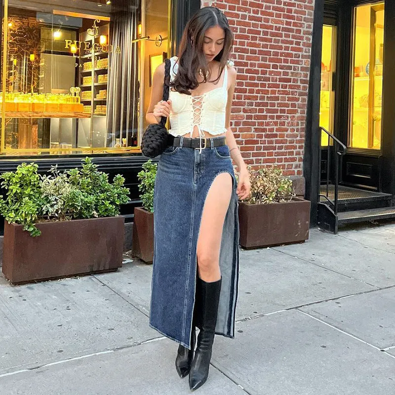 A Fashion casual long denim skirt - girl season boutique