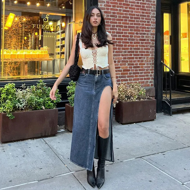 A Fashion casual long denim skirt - girl season boutique