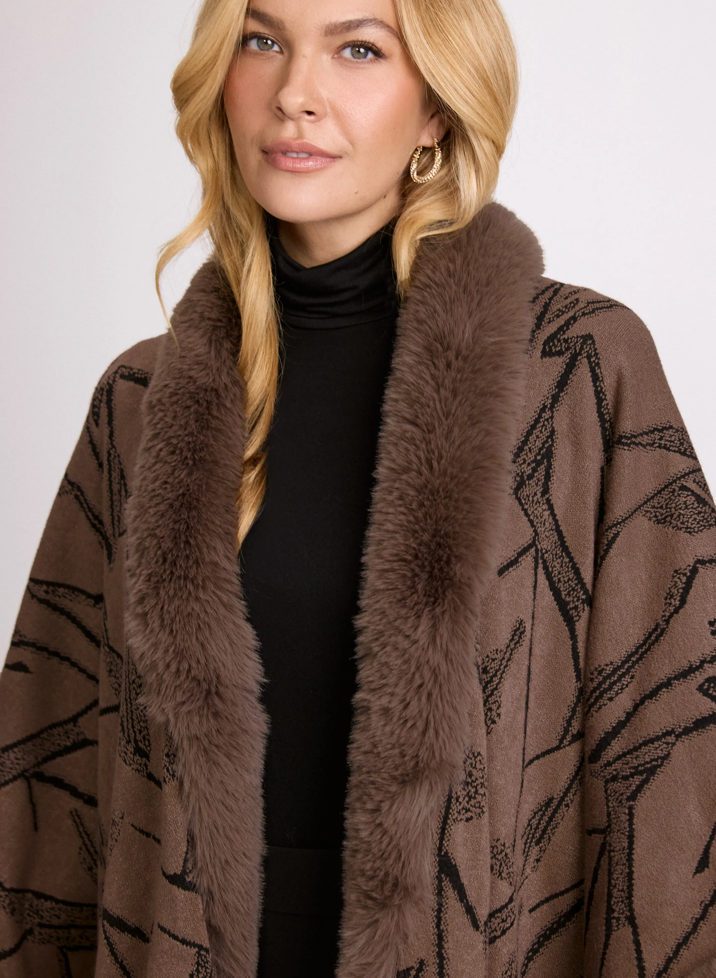 Abstract Faux Fur Trim Poncho