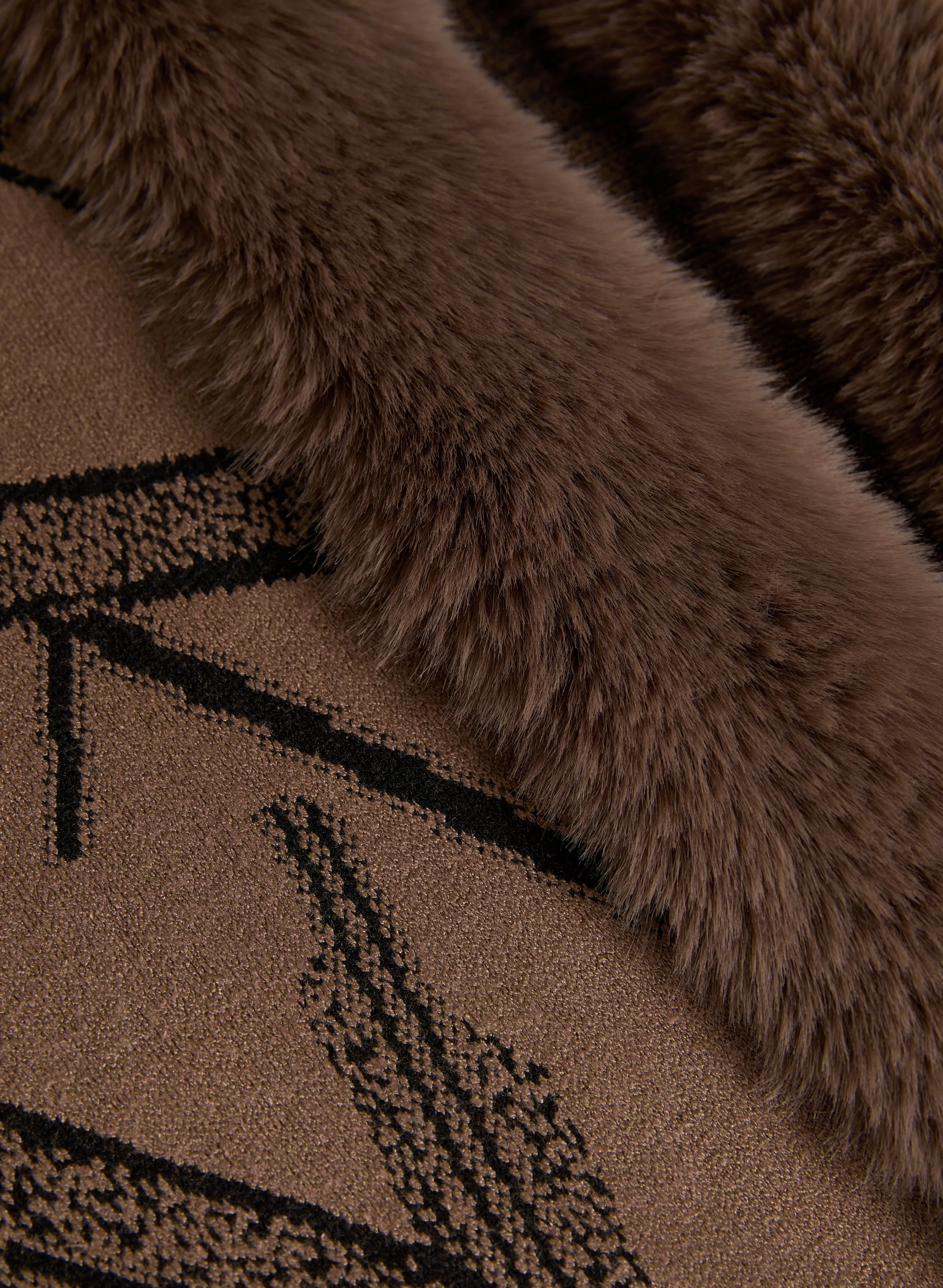 Abstract Faux Fur Trim Poncho