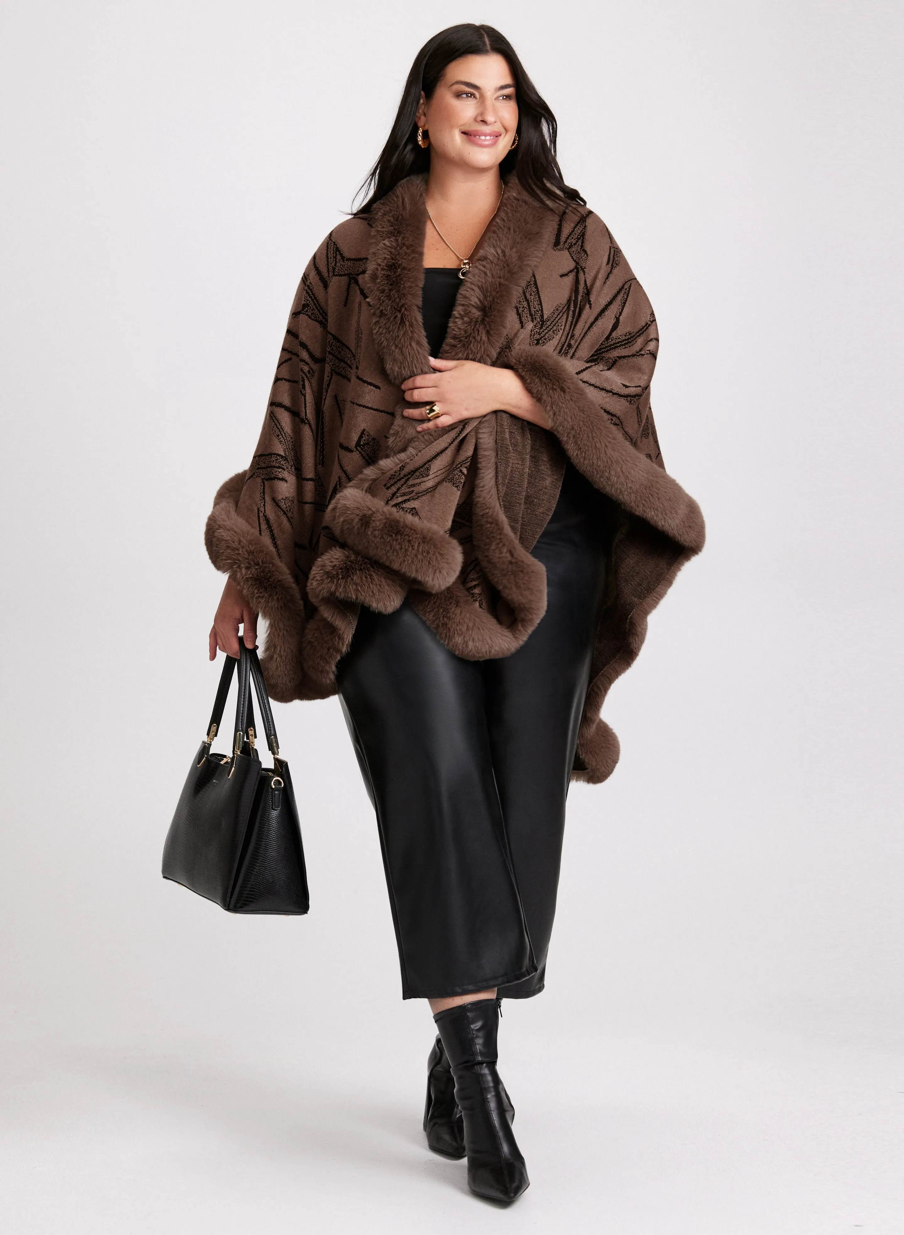 Abstract Faux Fur Trim Poncho