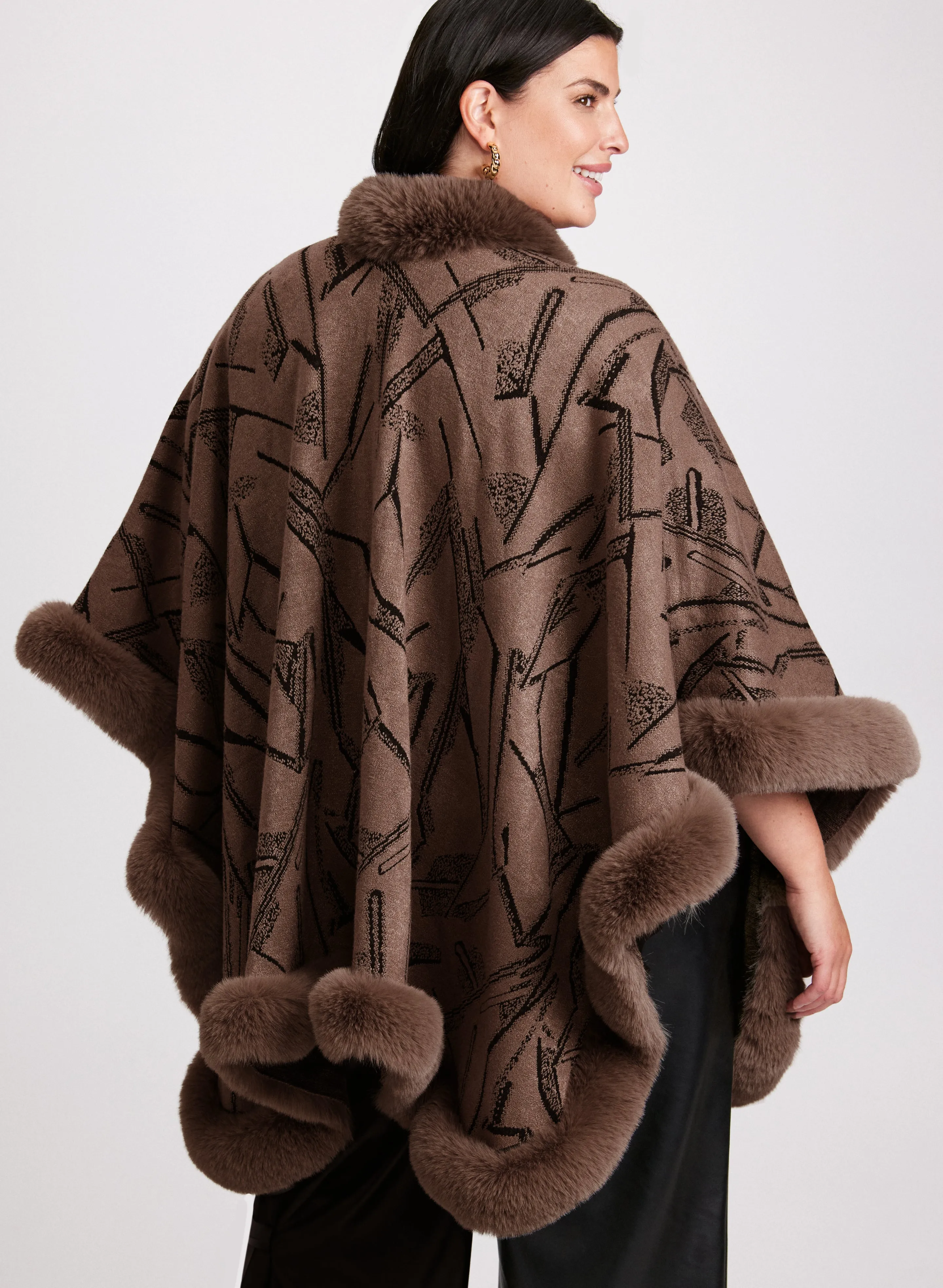 Abstract Faux Fur Trim Poncho