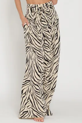Alex High Waist Tie Zebra Print Wide Leg Pants Beige