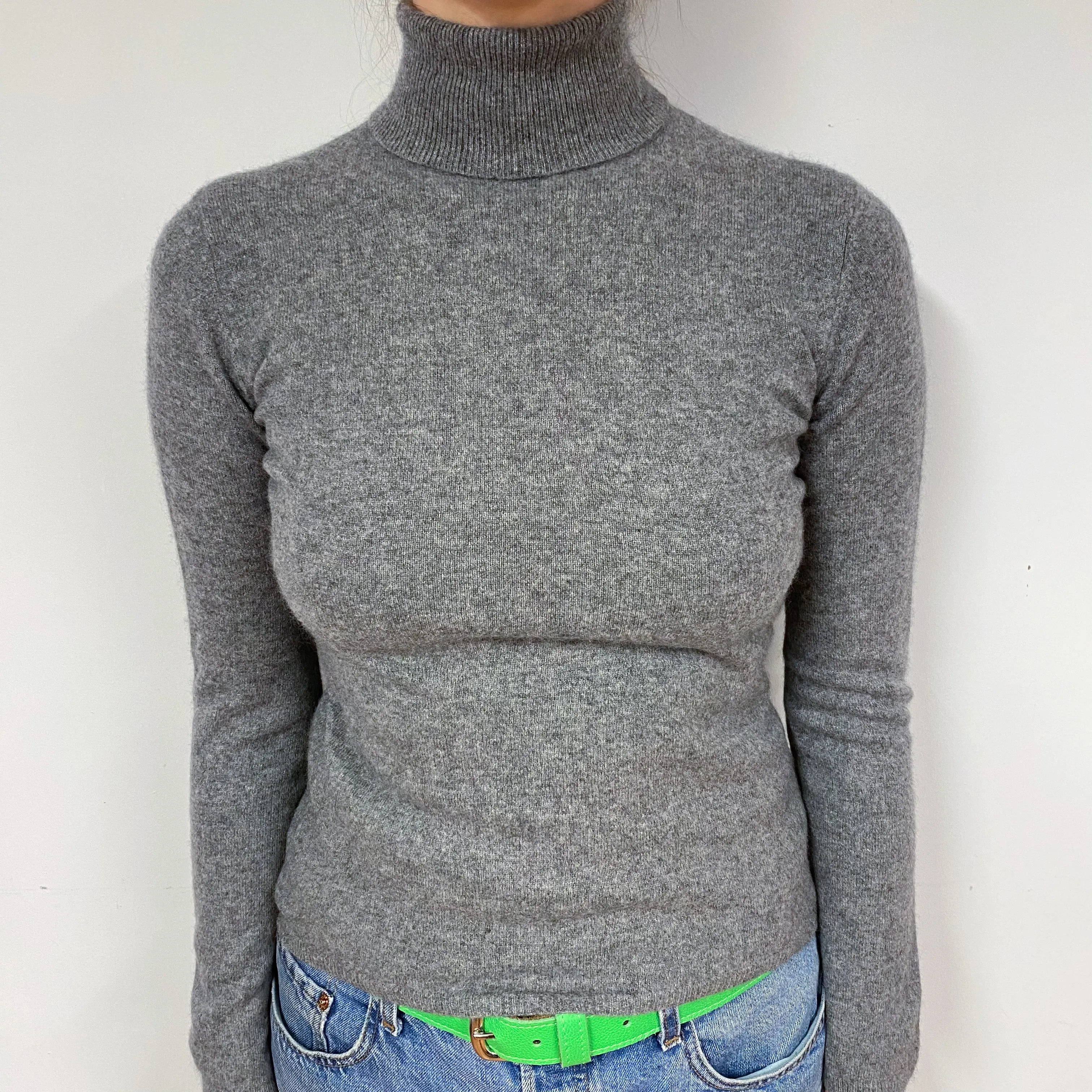 Ash Grey Cashmere Polo Neck Jumper Small