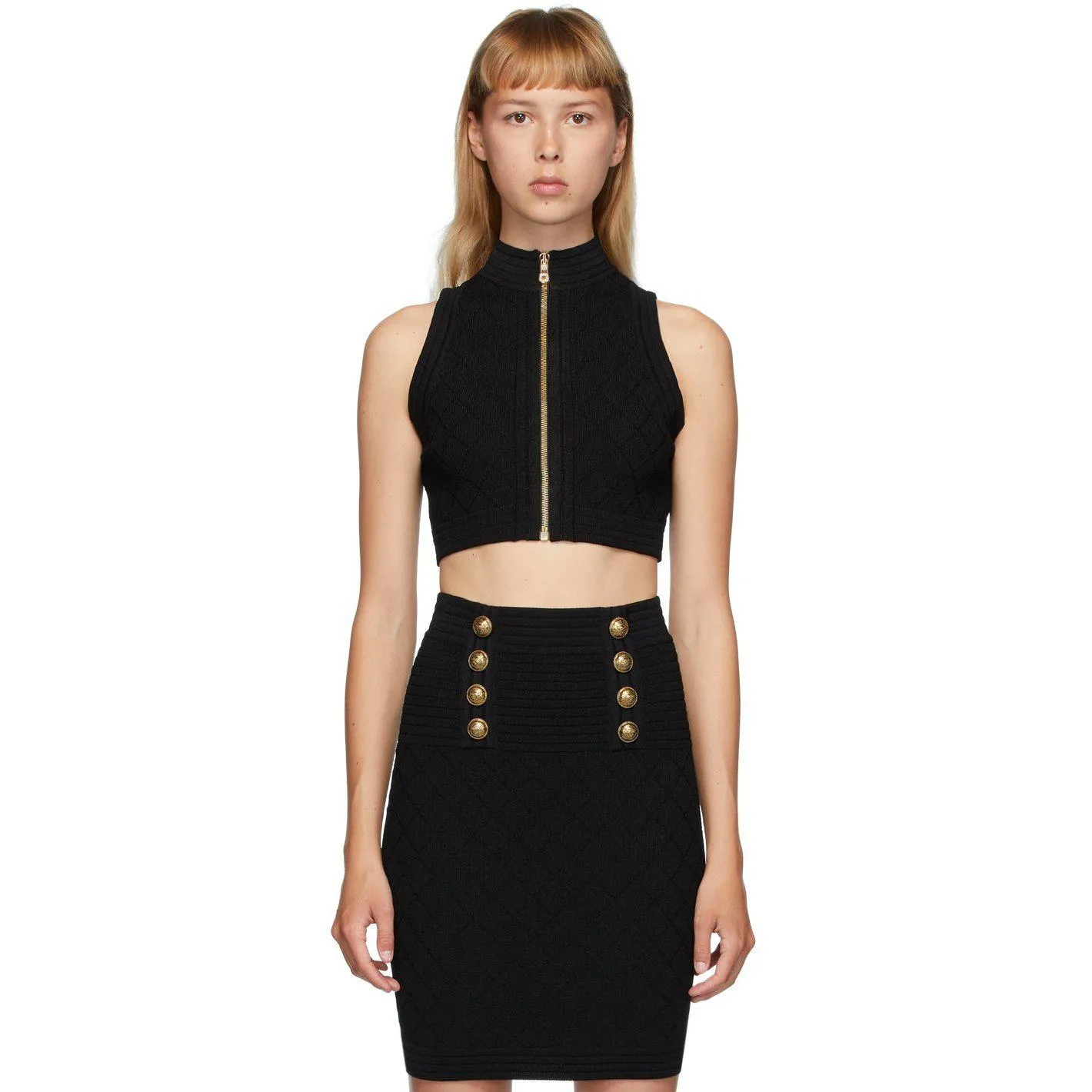 Balmain Black Diamond Knit Button Top
