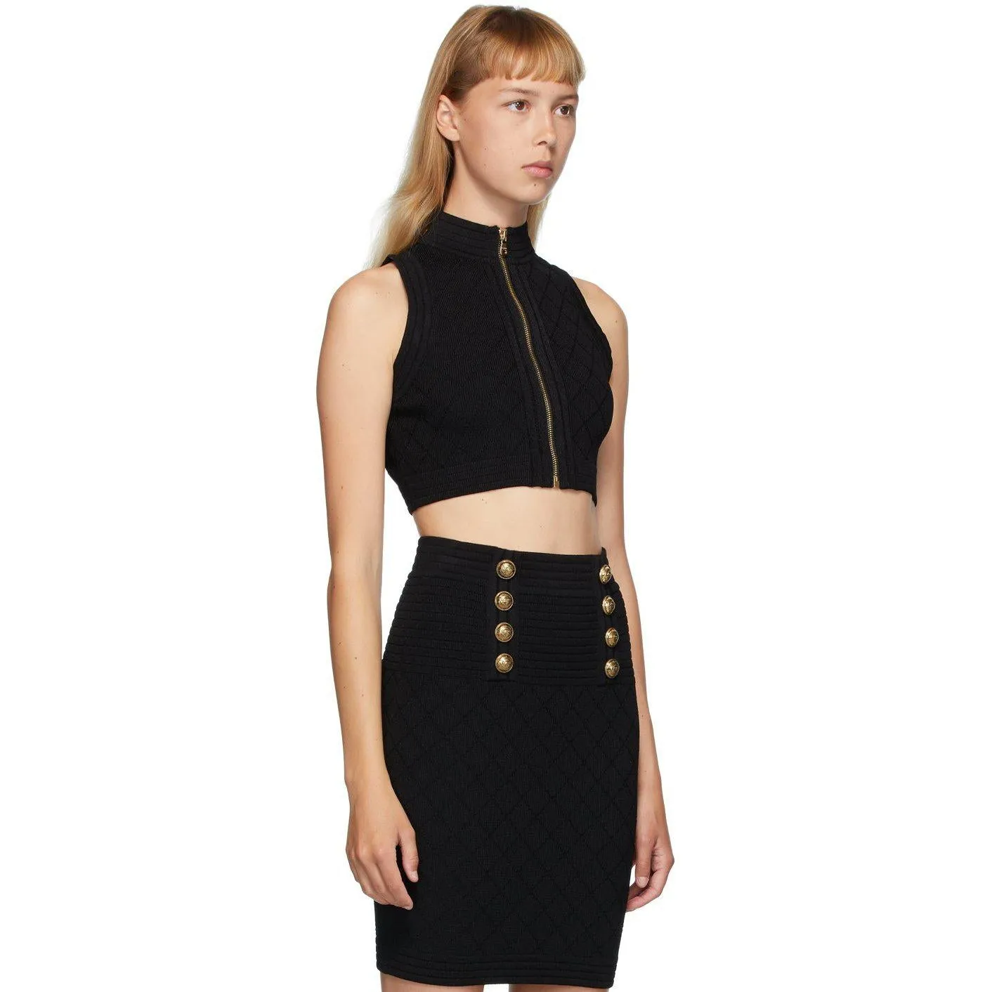 Balmain Black Diamond Knit Button Top
