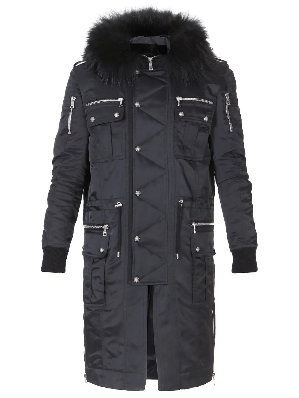 BALMAIN Buttoned Parka Coat With Fur Hood Black