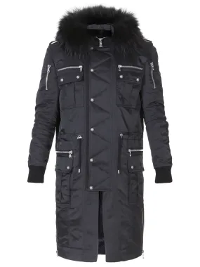 BALMAIN Buttoned Parka Coat With Fur Hood Black