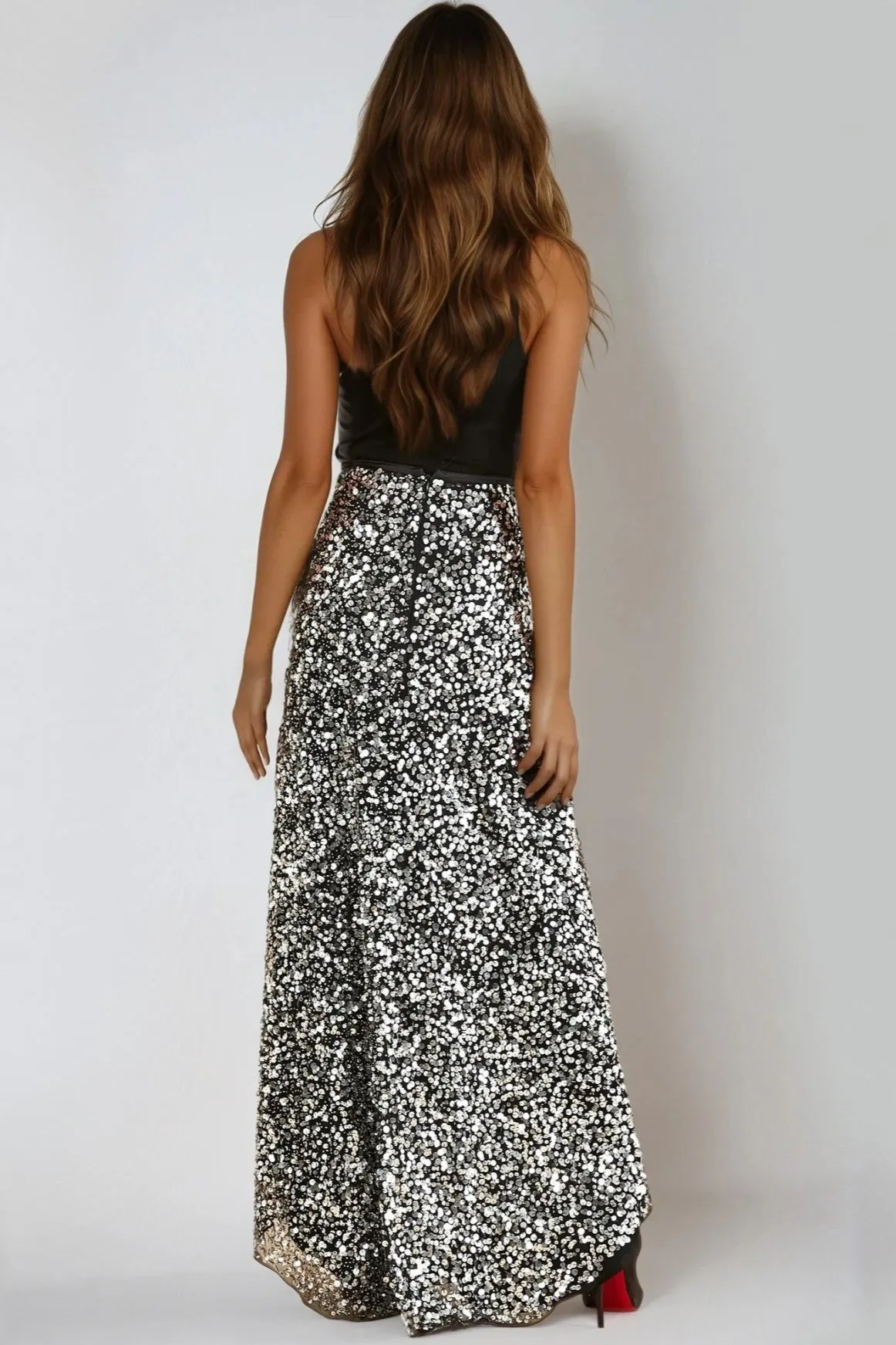 Black and Silver Sequin Maxi Skirt