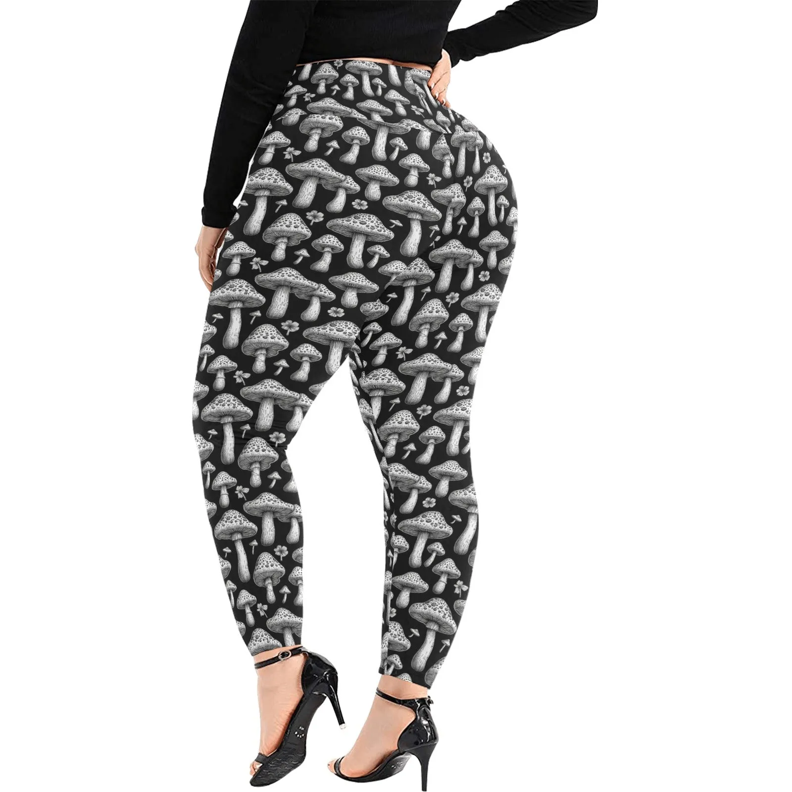 Black and White Mushrooms Women's Plus Size High Waited Leggings Women's High Waist Leggings(Plus Size)(ModelL45)