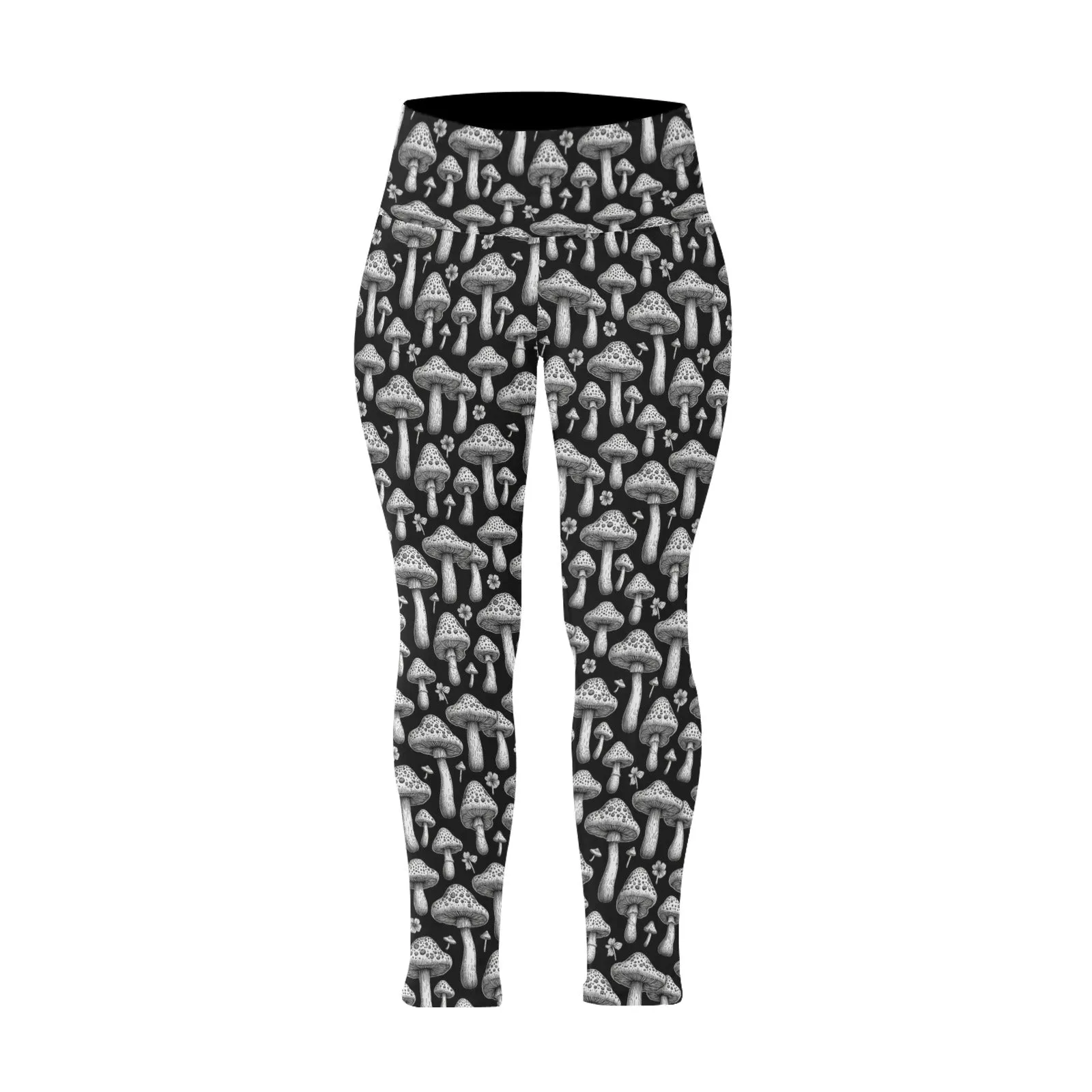 Black and White Mushrooms Women's Plus Size High Waited Leggings Women's High Waist Leggings(Plus Size)(ModelL45)