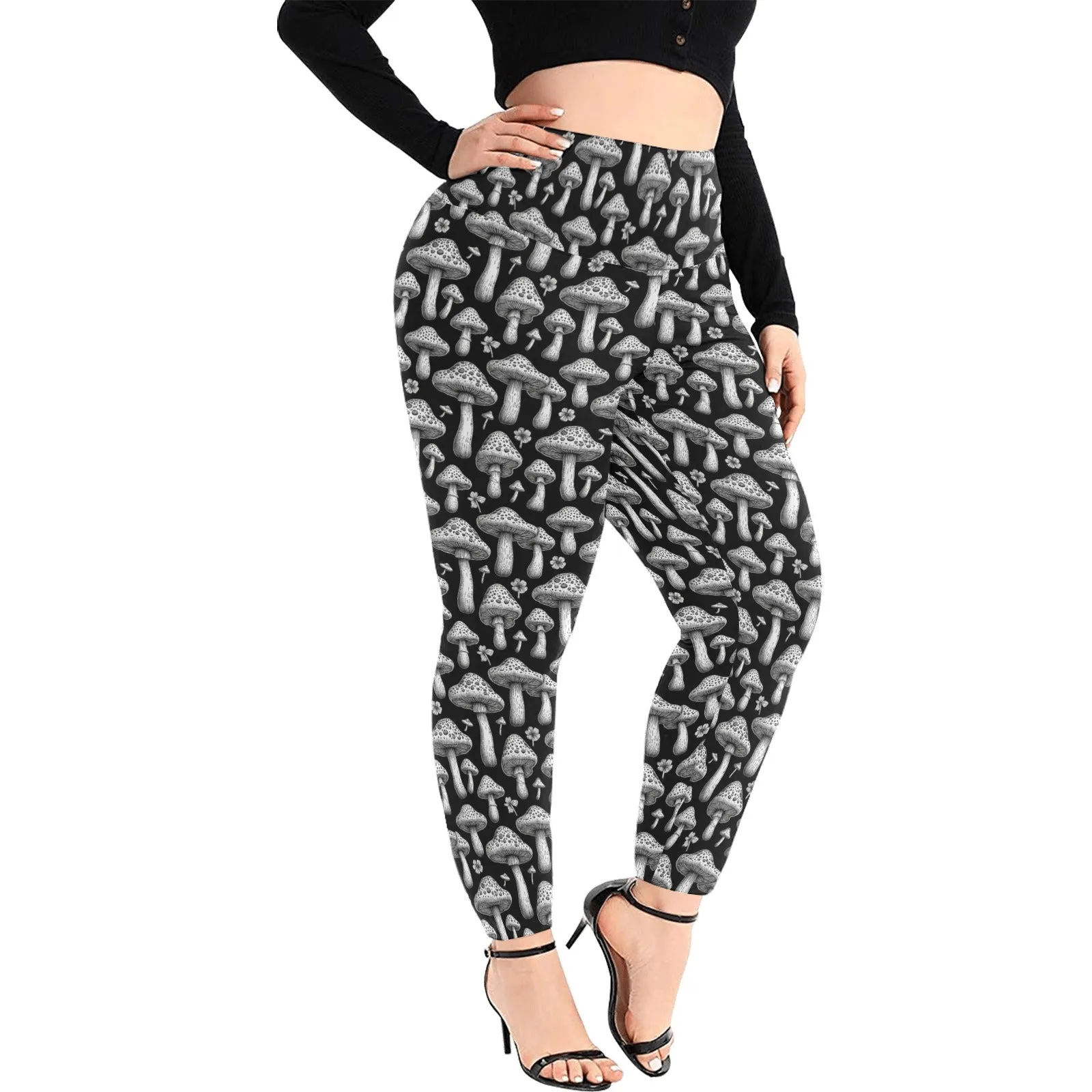 Black and White Mushrooms Women's Plus Size High Waited Leggings Women's High Waist Leggings(Plus Size)(ModelL45)