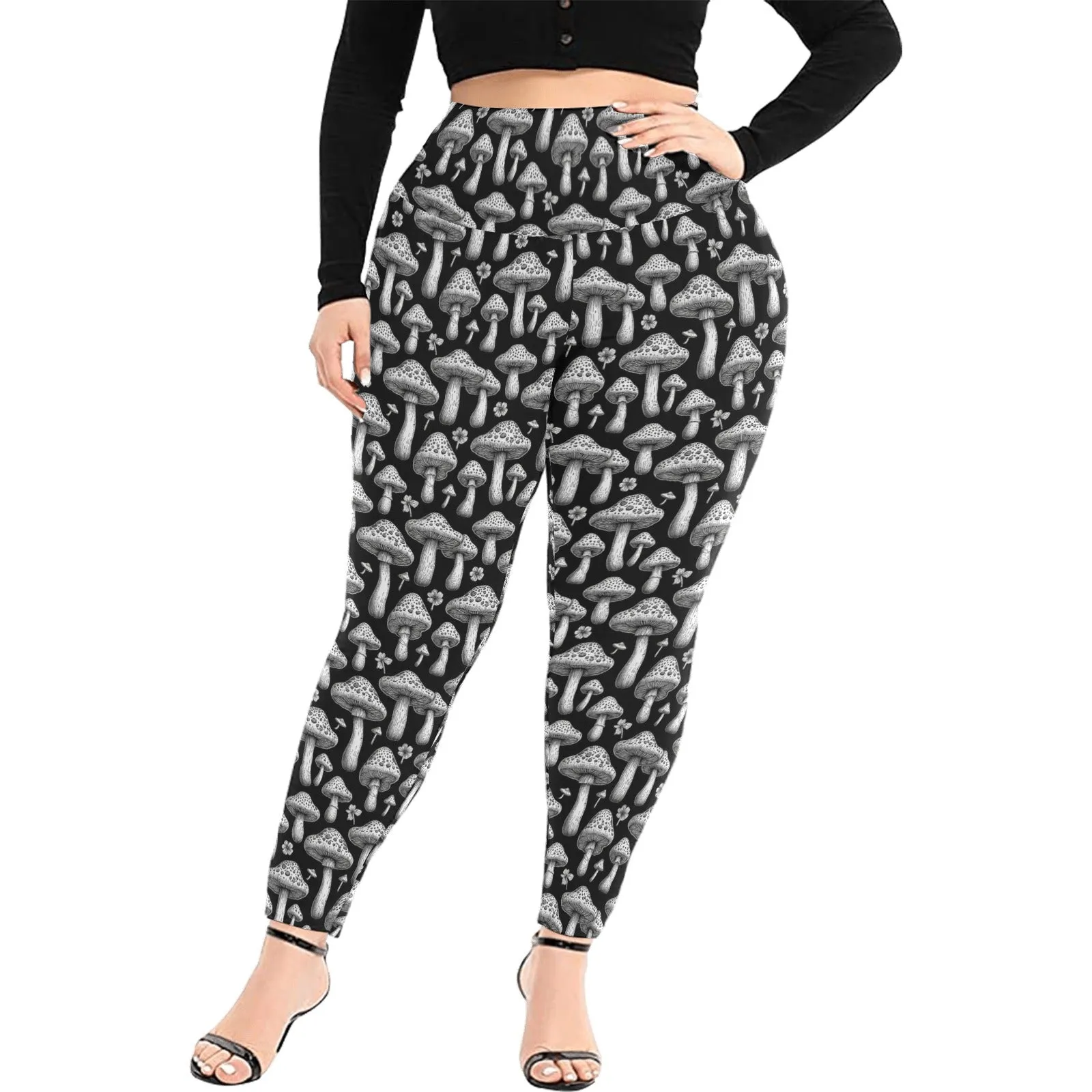 Black and White Mushrooms Women's Plus Size High Waited Leggings Women's High Waist Leggings(Plus Size)(ModelL45)
