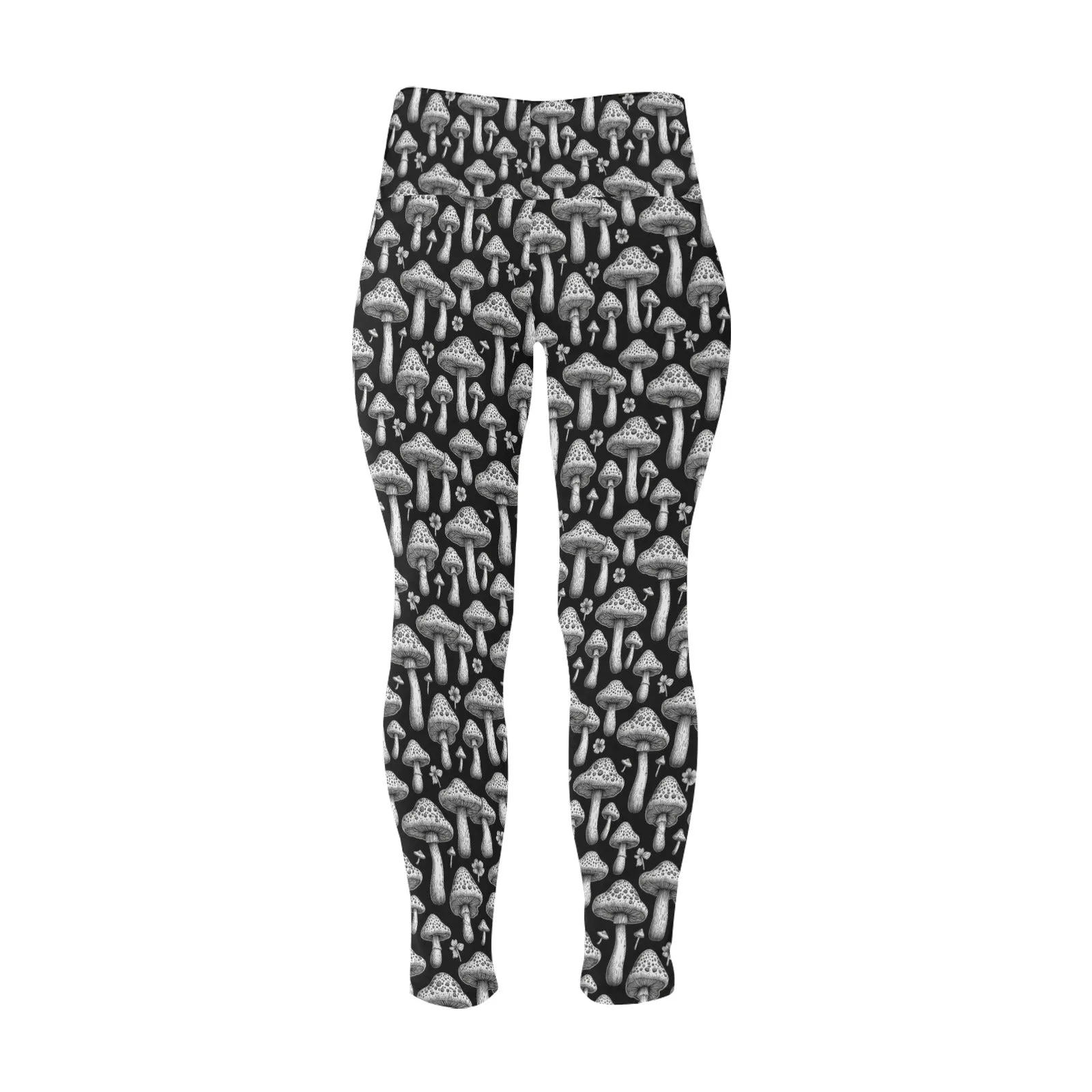 Black and White Mushrooms Women's Plus Size High Waited Leggings Women's High Waist Leggings(Plus Size)(ModelL45)