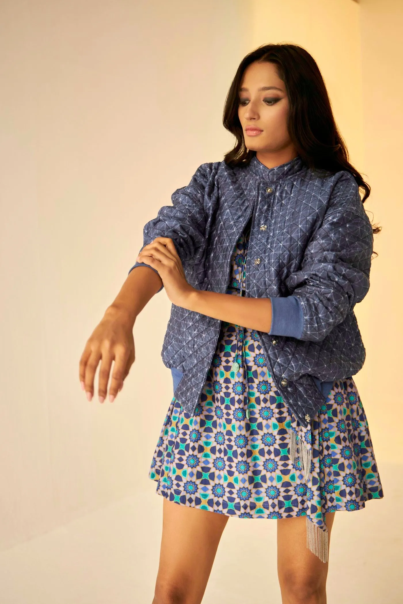 Blue- Unisex Jacket Shibori Print Light Quilted Bomber Jacket