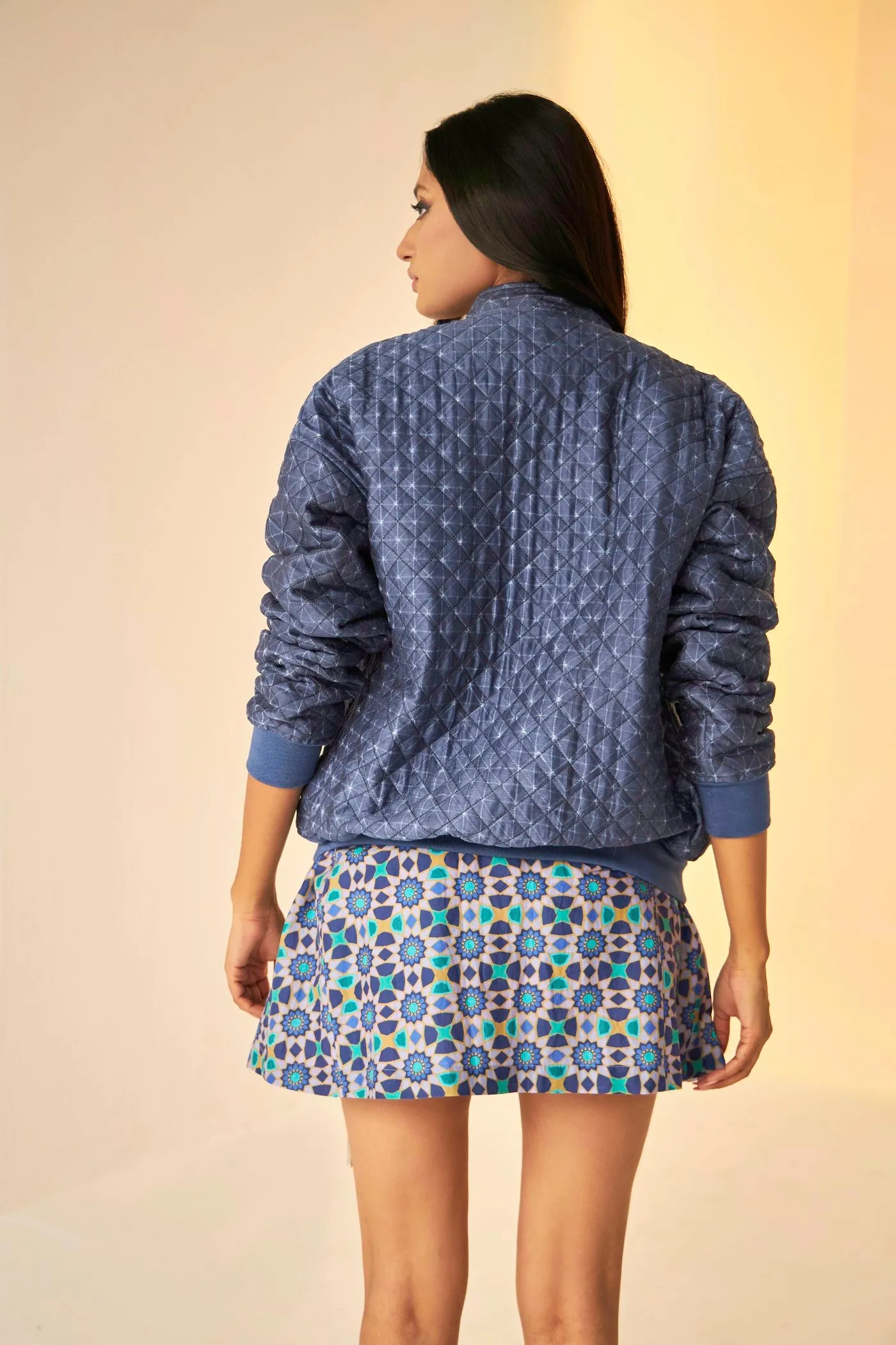 Blue- Unisex Jacket Shibori Print Light Quilted Bomber Jacket