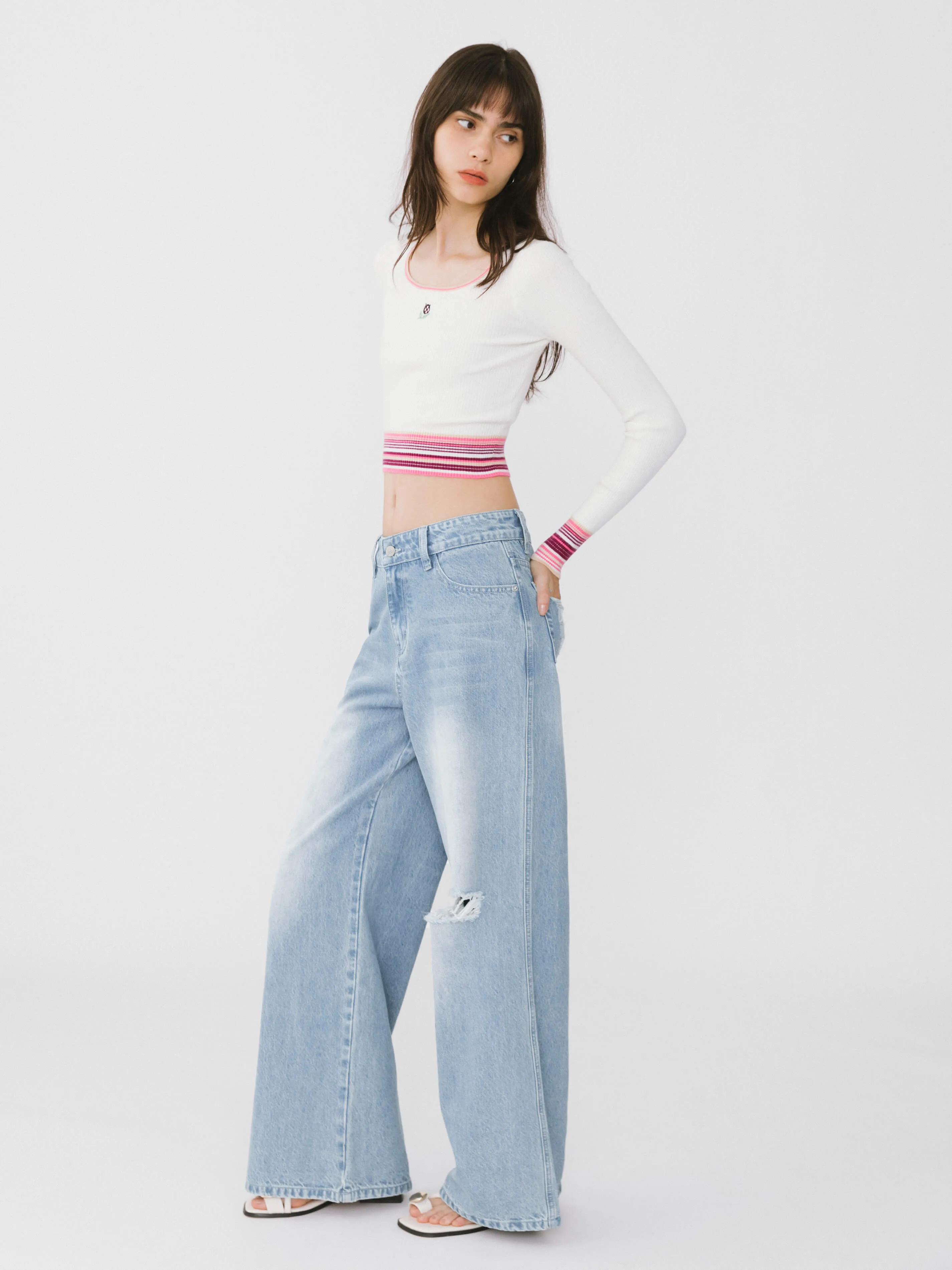 Boat Neck Long Sleeve Knit Top