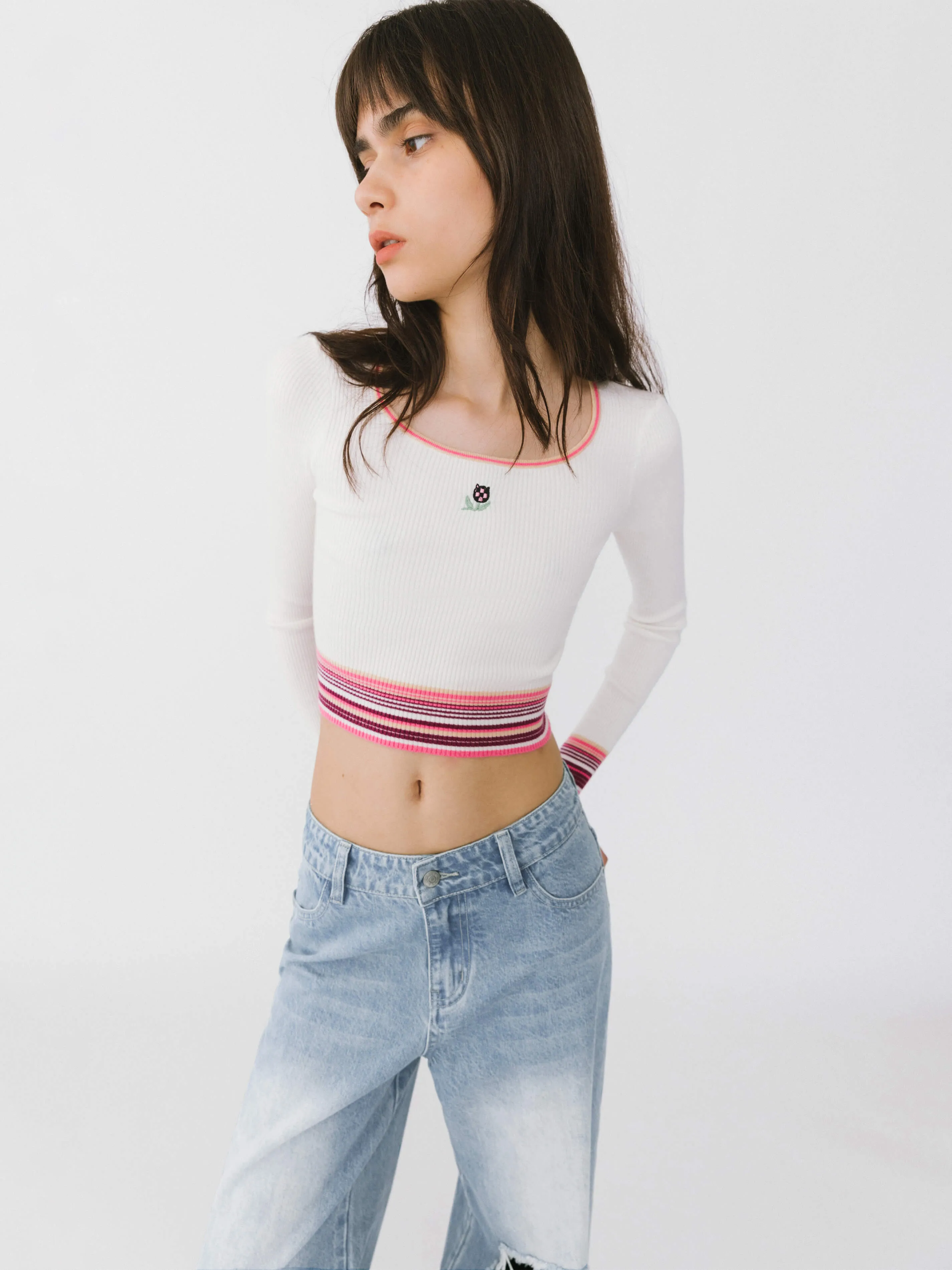 Boat Neck Long Sleeve Knit Top