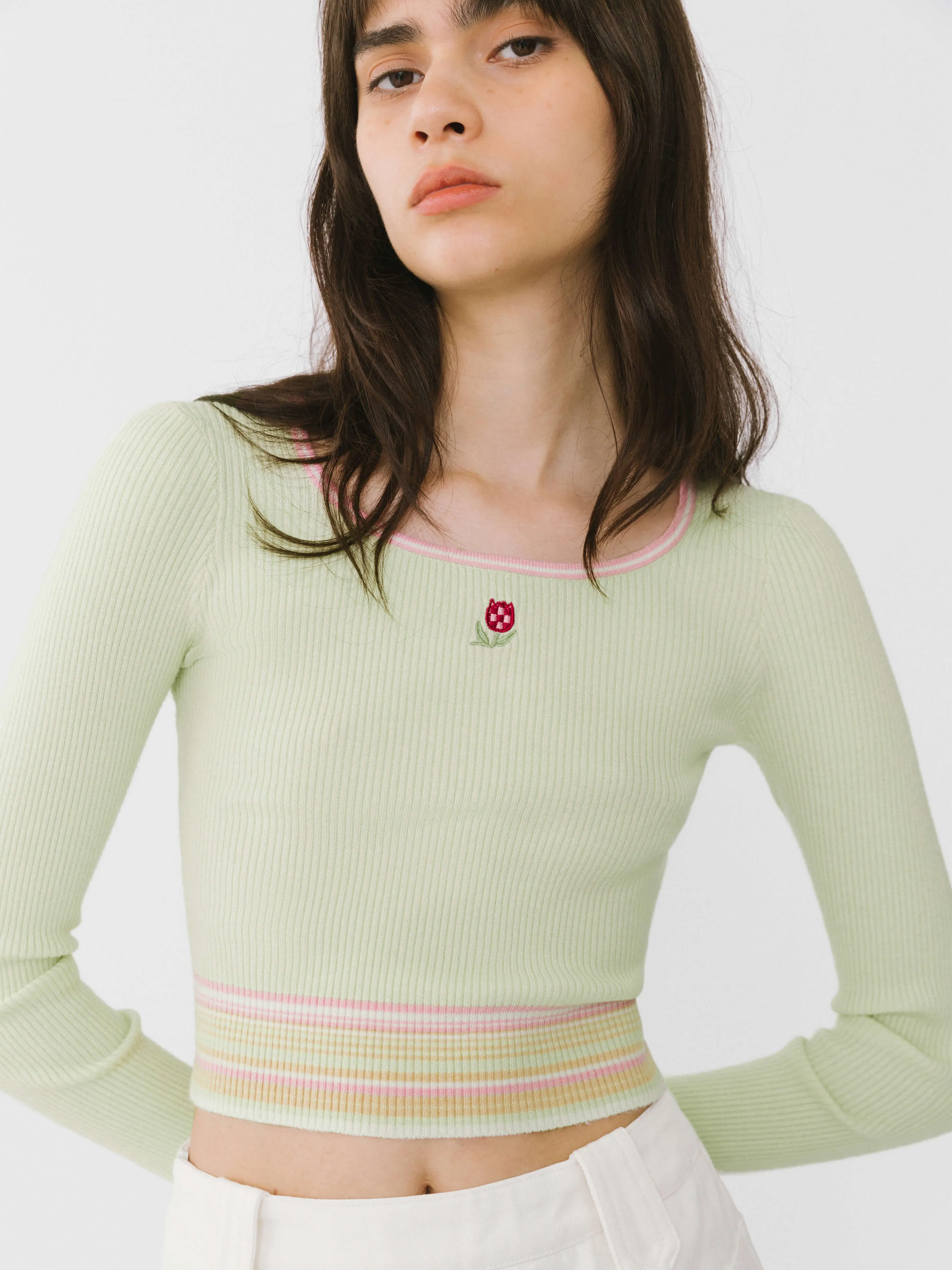 Boat Neck Long Sleeve Knit Top