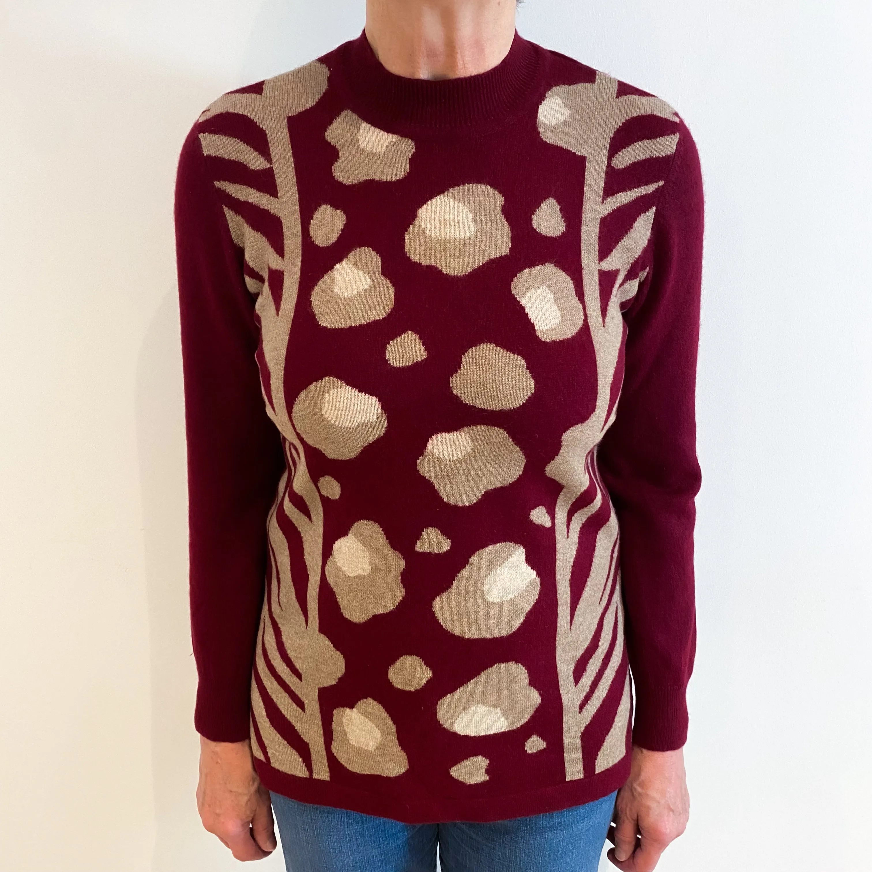 Burgundy Red Patterned Cashmere Turtle Neck Jumper Medium