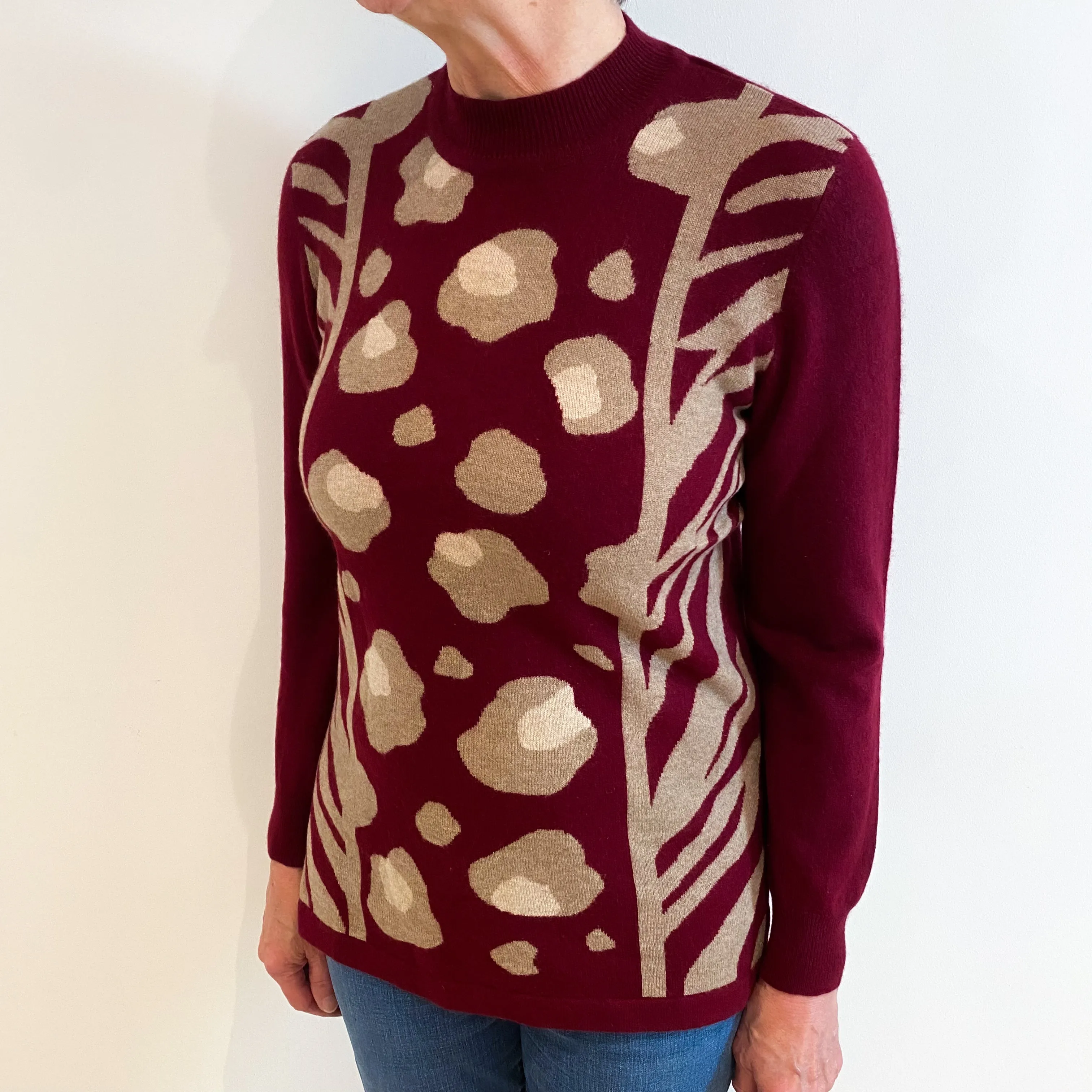 Burgundy Red Patterned Cashmere Turtle Neck Jumper Medium