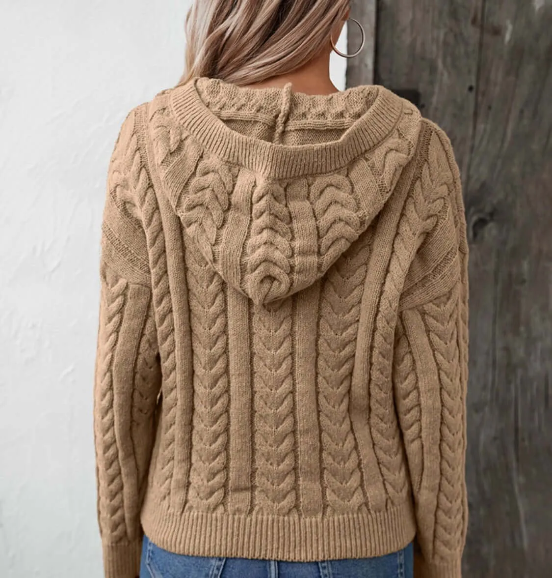 Cable-Knit Long Sleeve Hooded Sweater