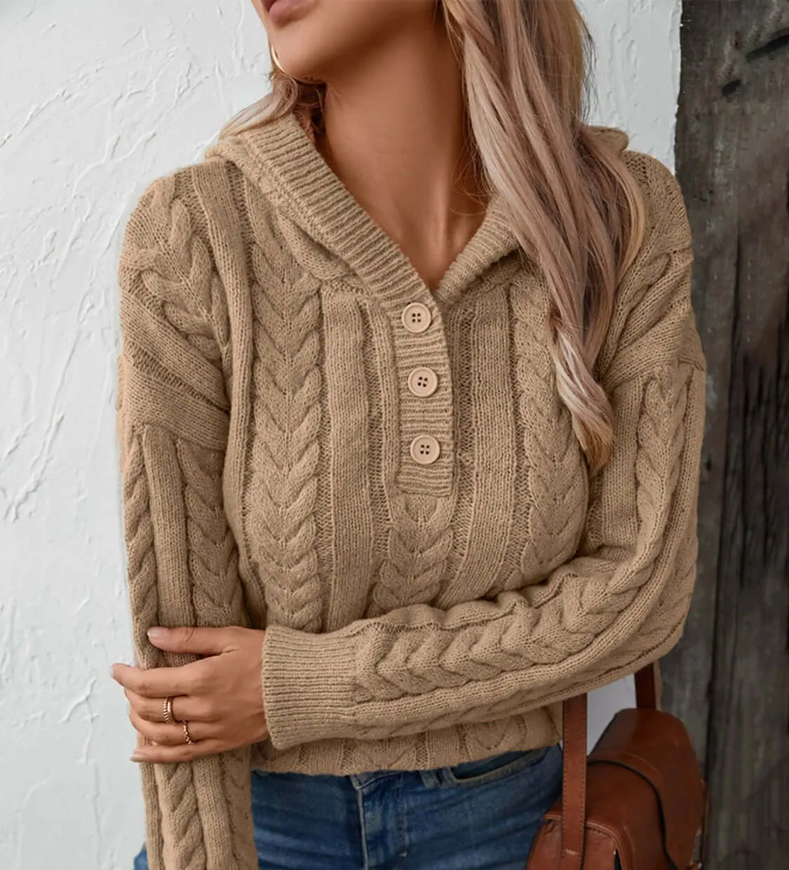 Cable-Knit Long Sleeve Hooded Sweater