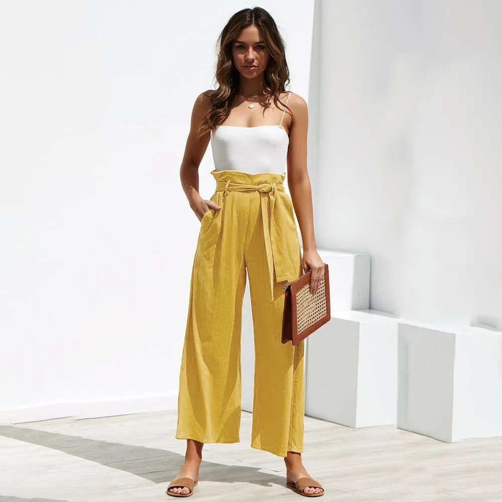 Casual Cotton Linen women high waist wide leg pants summer autumn