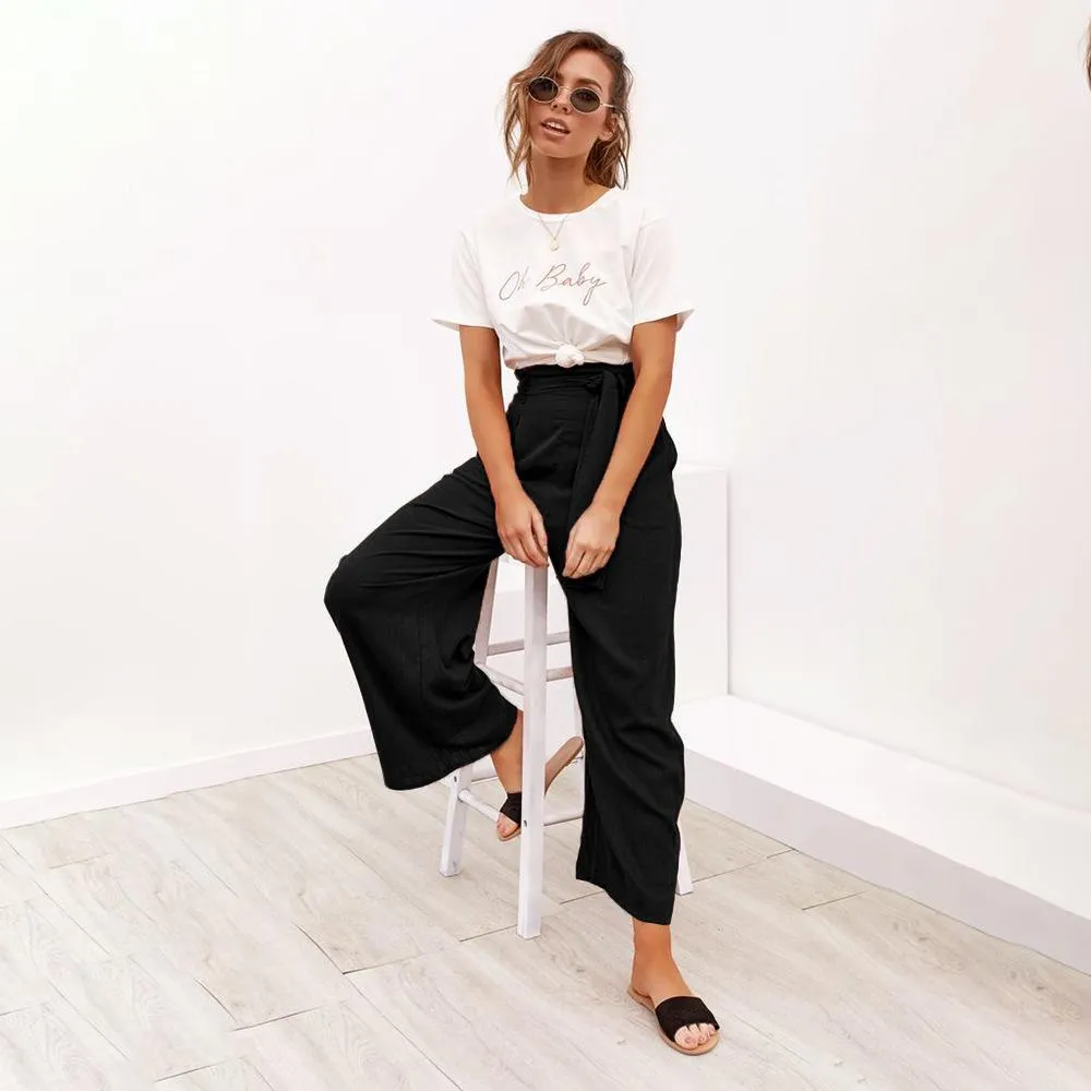 Casual Cotton Linen women high waist wide leg pants summer autumn