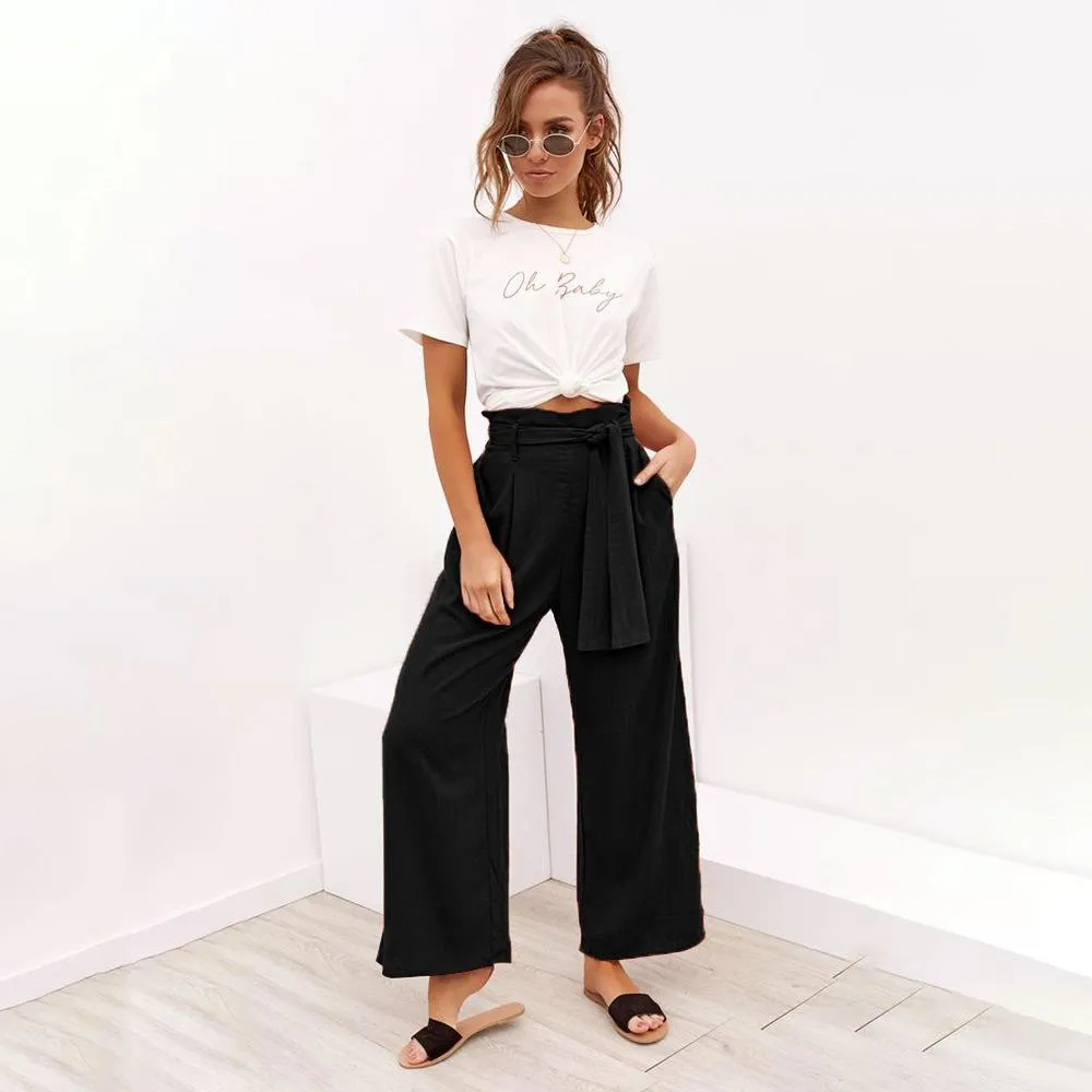 Casual Cotton Linen women high waist wide leg pants summer autumn