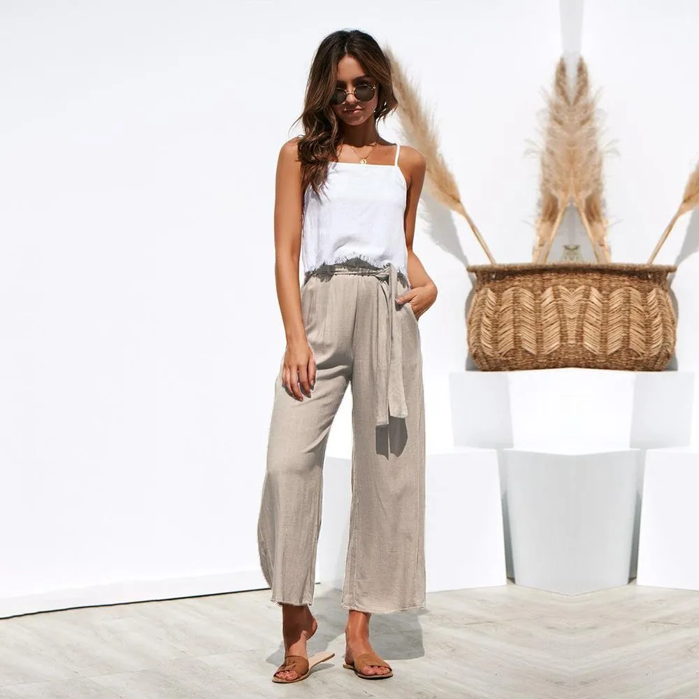 Casual Cotton Linen women high waist wide leg pants summer autumn