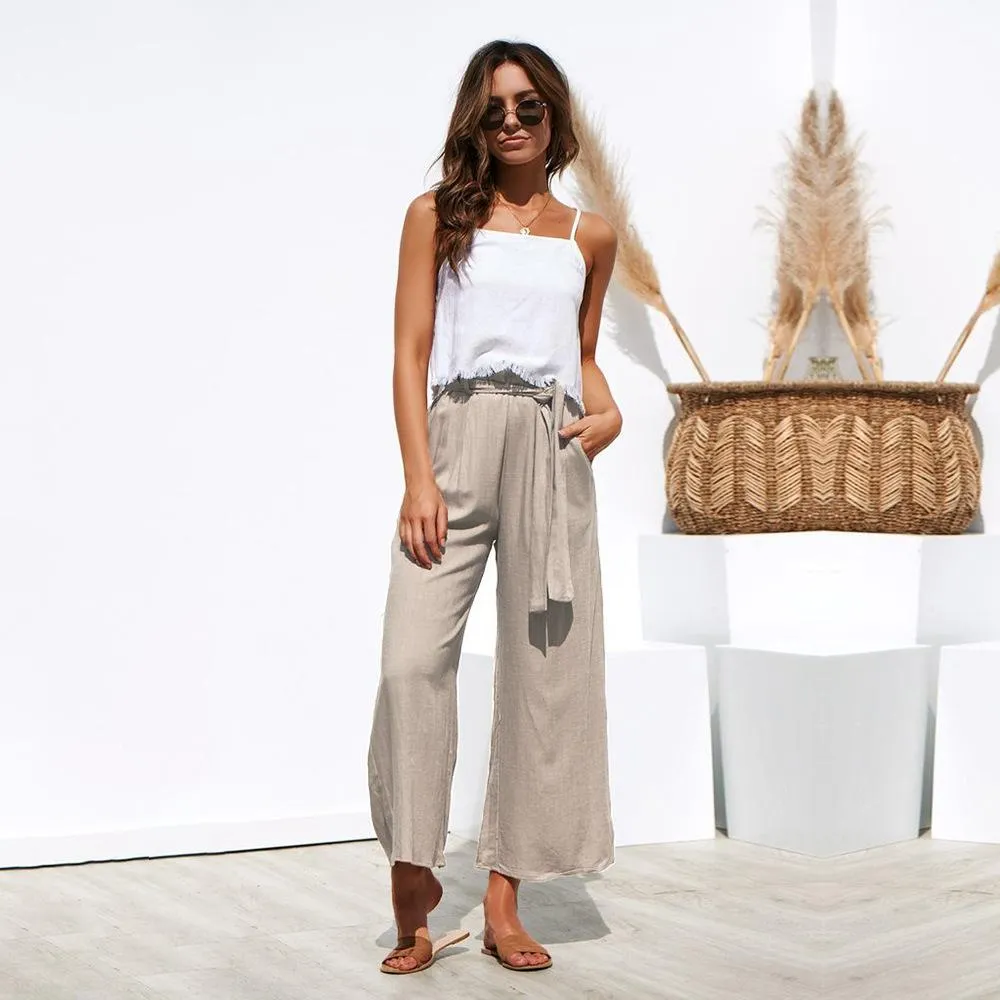 Casual Cotton Linen women high waist wide leg pants summer autumn