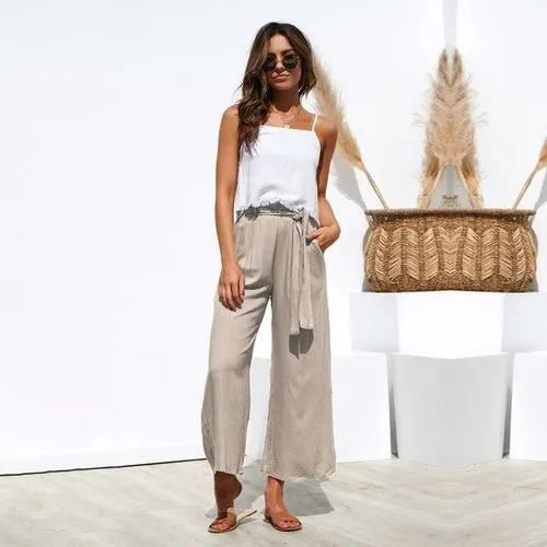 Casual Cotton Linen women high waist wide leg pants summer autumn