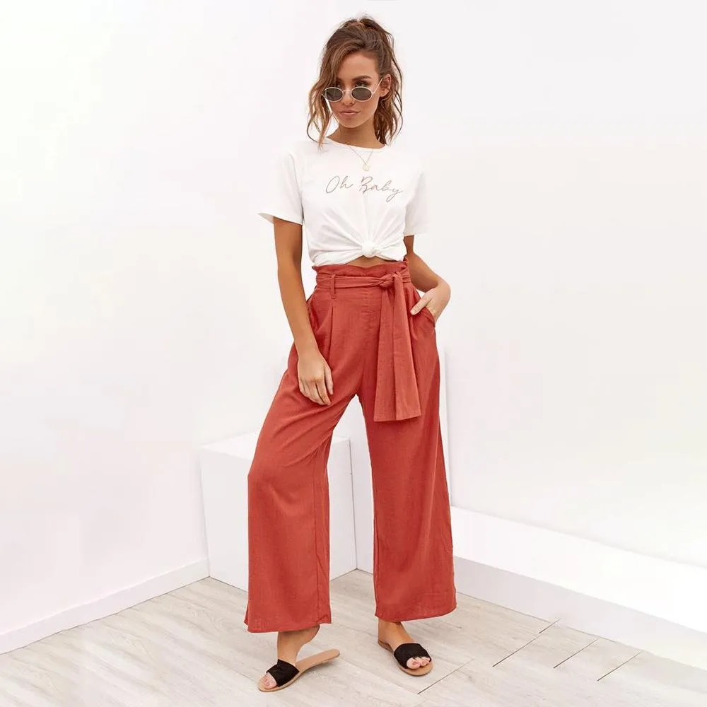 Casual Cotton Linen women high waist wide leg pants summer autumn