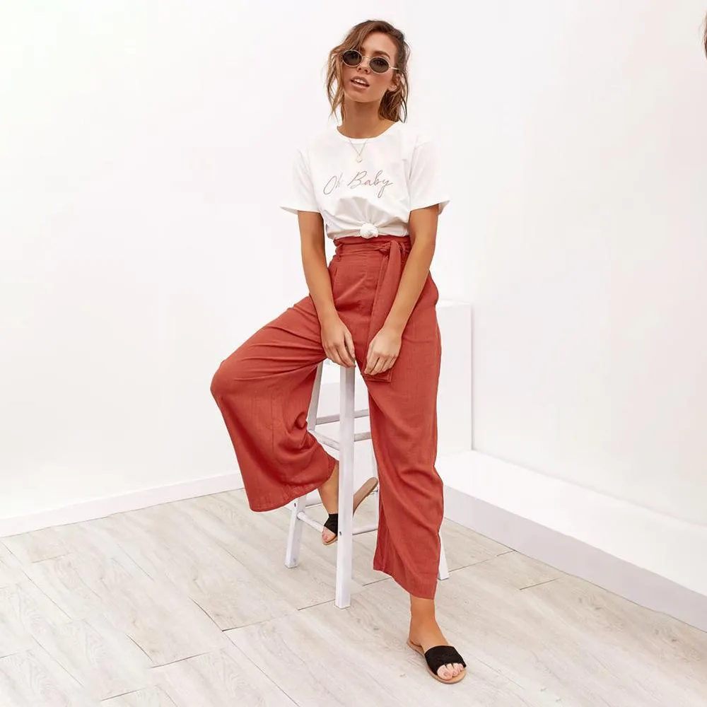 Casual Cotton Linen women high waist wide leg pants summer autumn