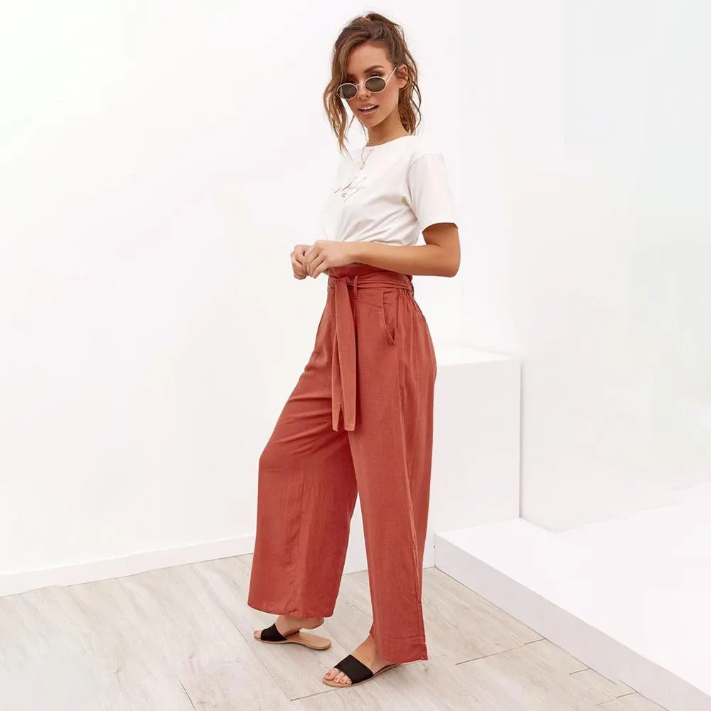 Casual Cotton Linen women high waist wide leg pants summer autumn