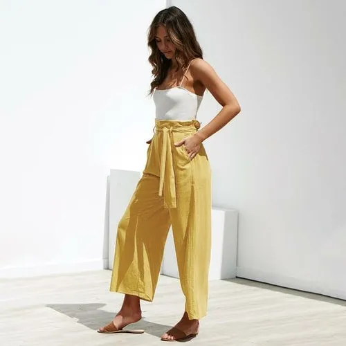 Casual Cotton Linen women high waist wide leg pants summer autumn