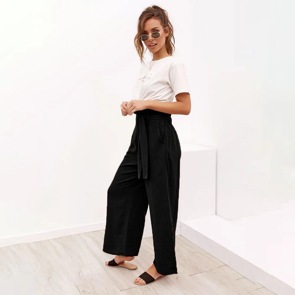 Casual Cotton Linen women high waist wide leg pants summer autumn