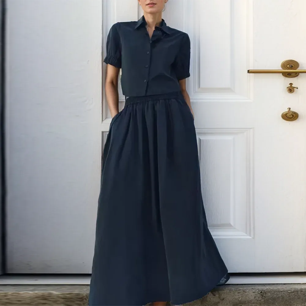 Casual Two Piece Sets For Women Lapel Short Sleeve Spliced Button Shirts High Waist A Line Long Skirt Minimalist Set Female