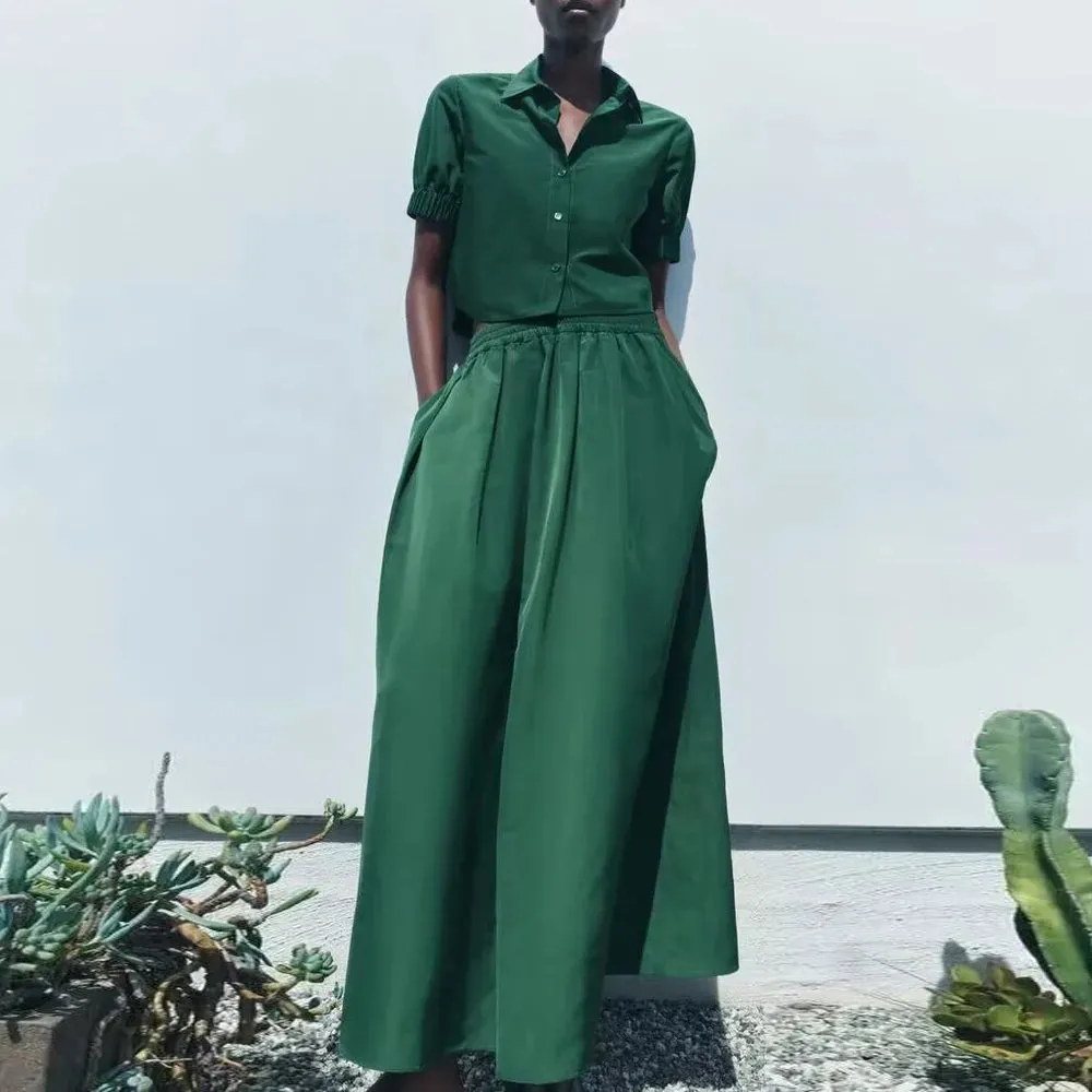 Casual Two Piece Sets For Women Lapel Short Sleeve Spliced Button Shirts High Waist A Line Long Skirt Minimalist Set Female