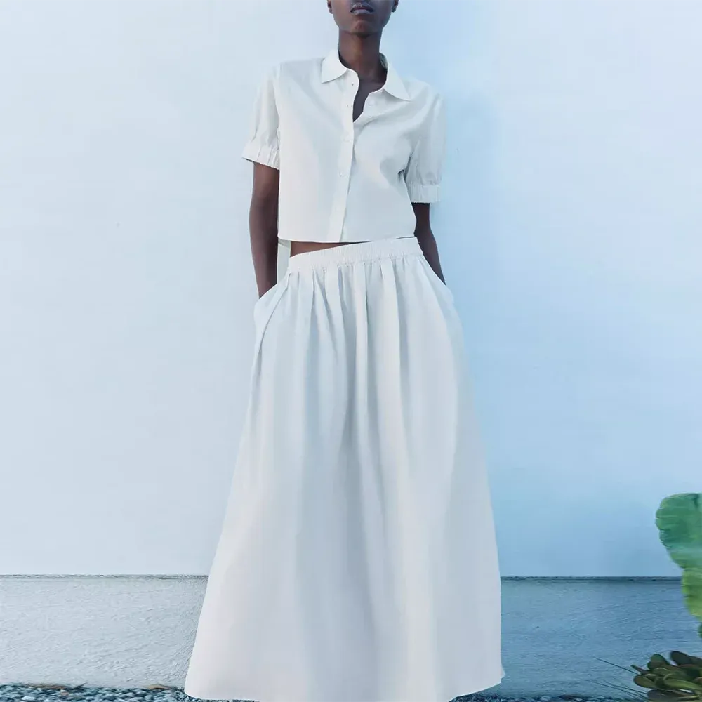 Casual Two Piece Sets For Women Lapel Short Sleeve Spliced Button Shirts High Waist A Line Long Skirt Minimalist Set Female