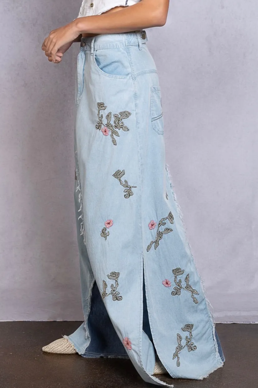 Catch The Sun Embroidered Mixed Denim Maxi Skirt