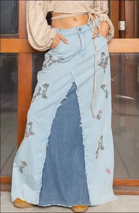 Catch The Sun Embroidered Mixed Denim Maxi Skirt
