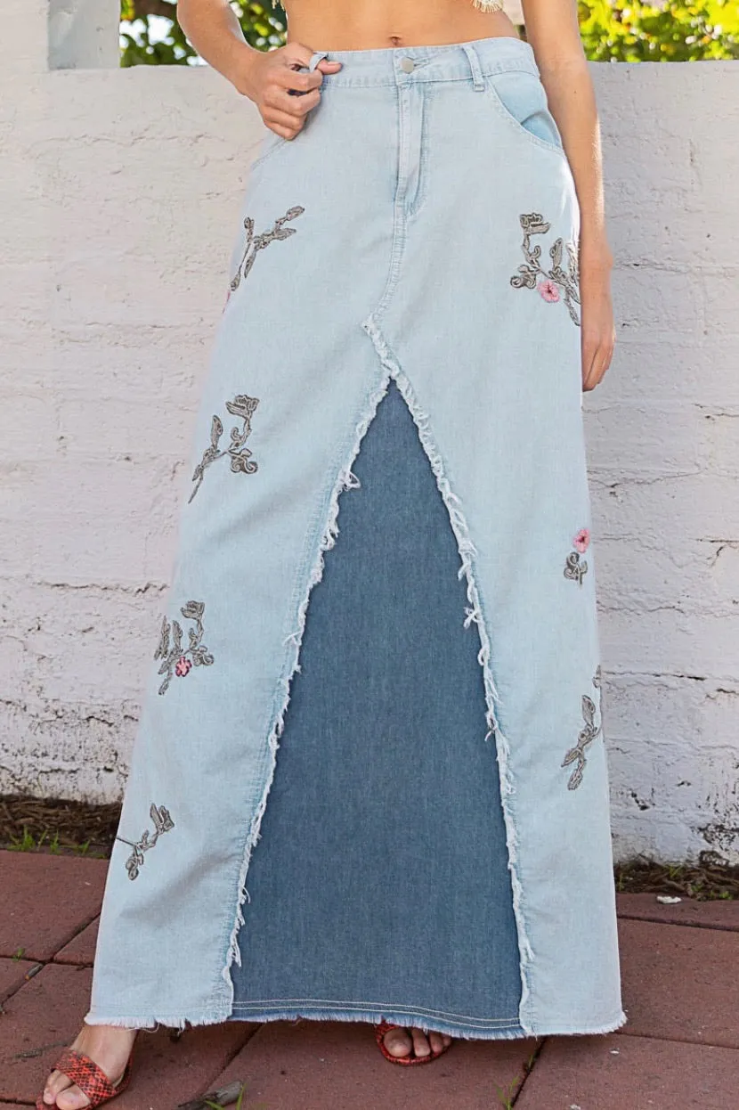 Catch The Sun Embroidered Mixed Denim Maxi Skirt