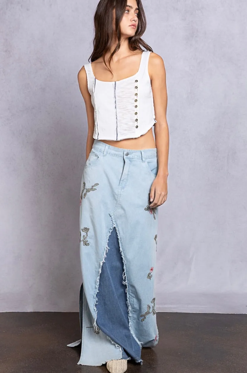 Catch The Sun Embroidered Mixed Denim Maxi Skirt