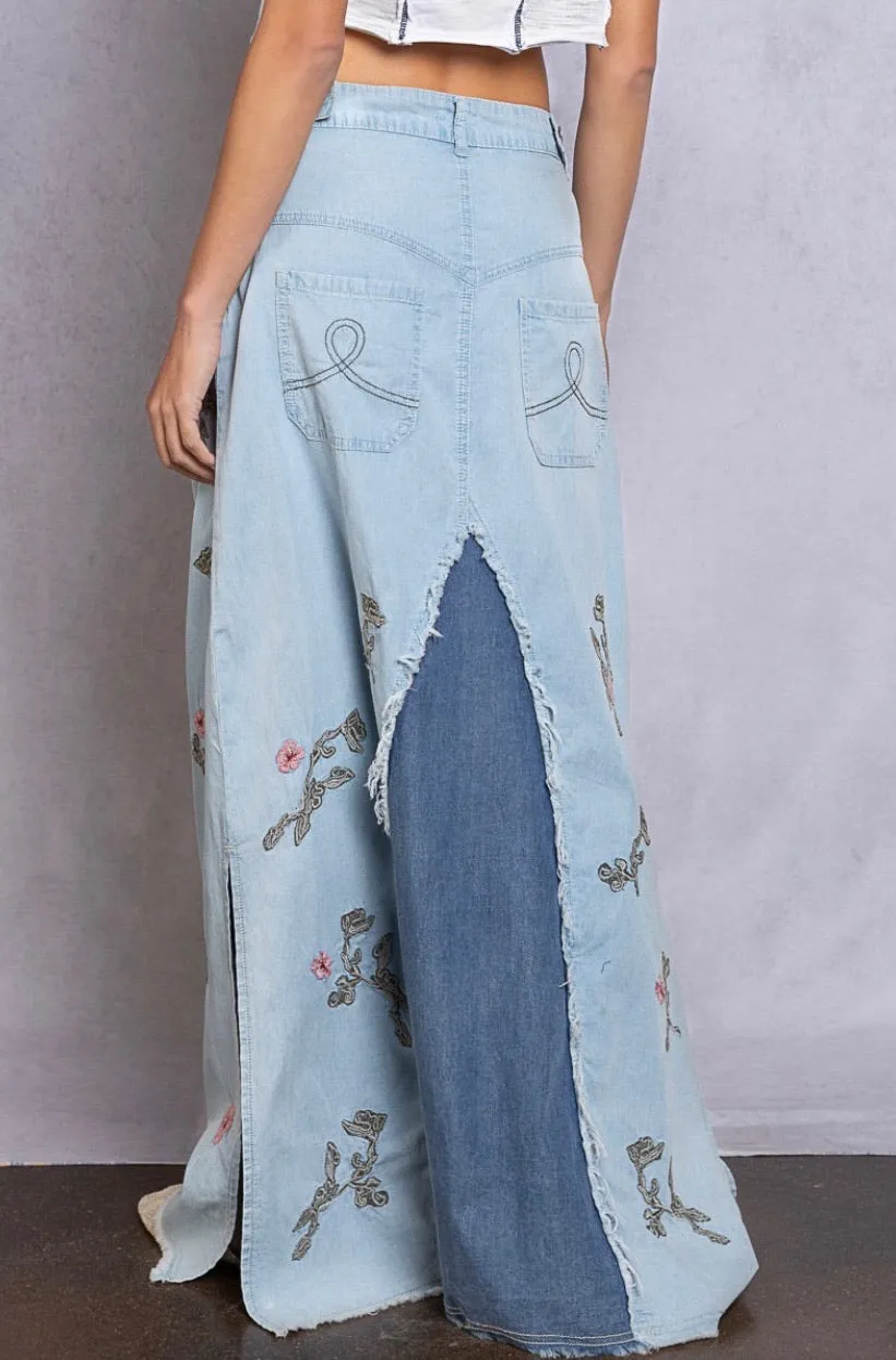 Catch The Sun Embroidered Mixed Denim Maxi Skirt