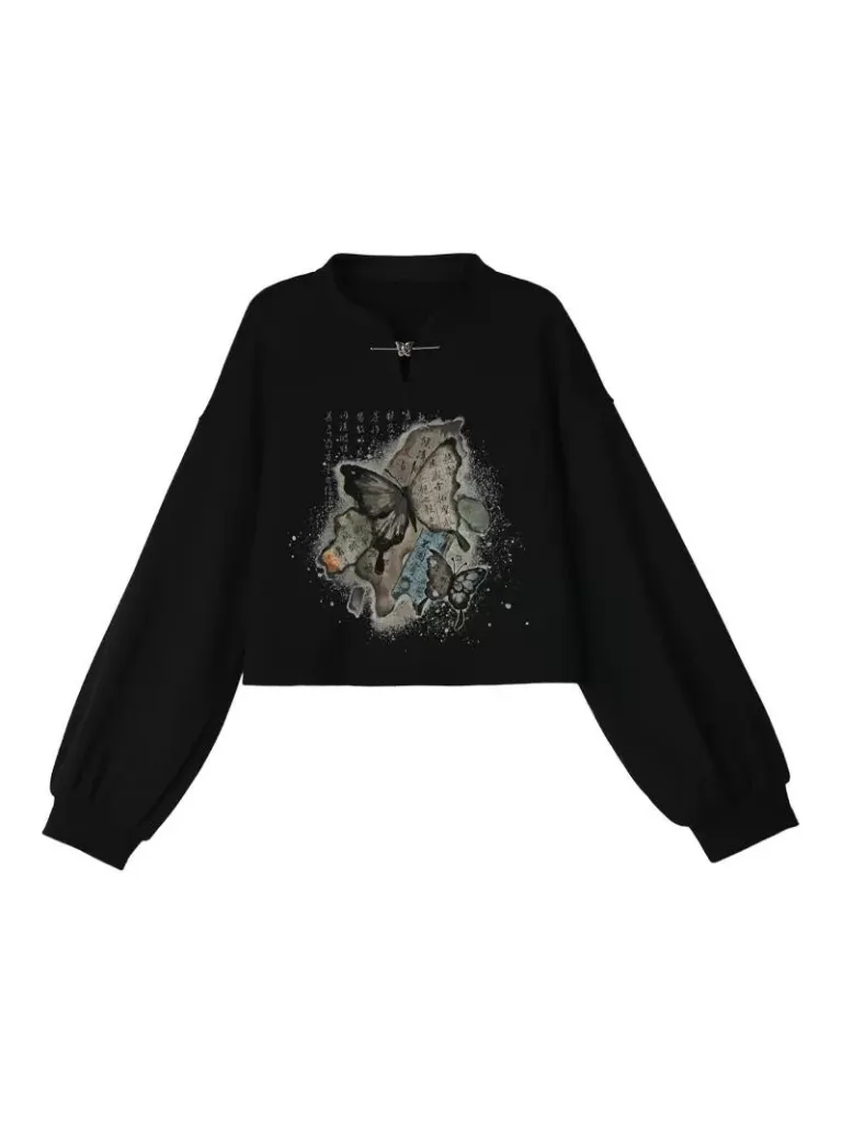 China Sweatshirt Zip   Black Parka Butterfly Dress Design Hoodie Cropped