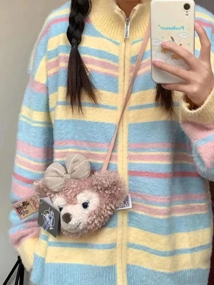 Colorful Stripe Splice Lapel Neck Cardigan