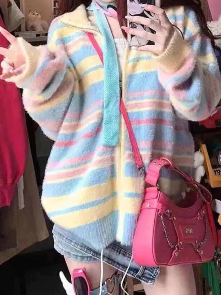 Colorful Stripe Splice Lapel Neck Cardigan